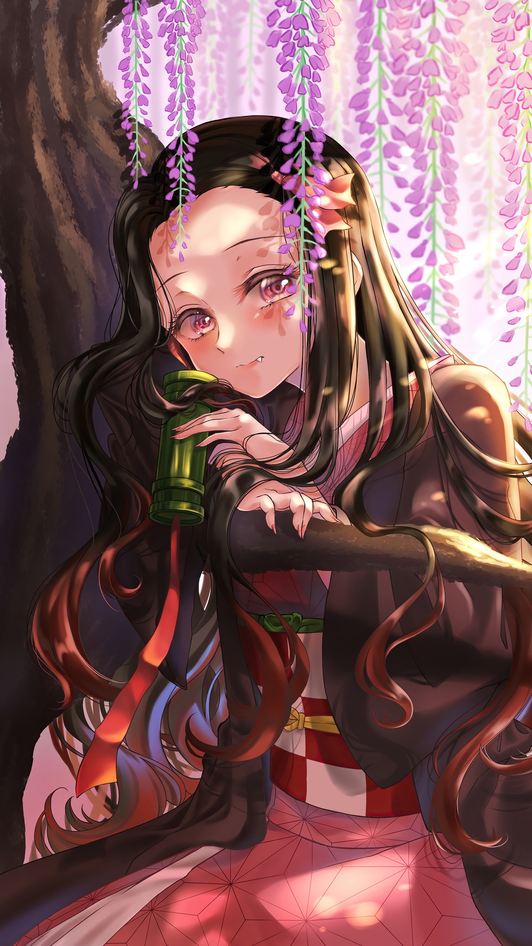 Nezuko Kamado from Demon Slayer under wisteria flowers HD Phone Wallpaper