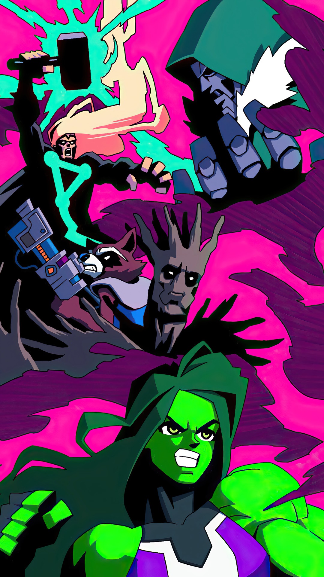 Thor, Rocket, Groot, and She-Hulk from Marvel in Fortnite HD Phone Wallpaper