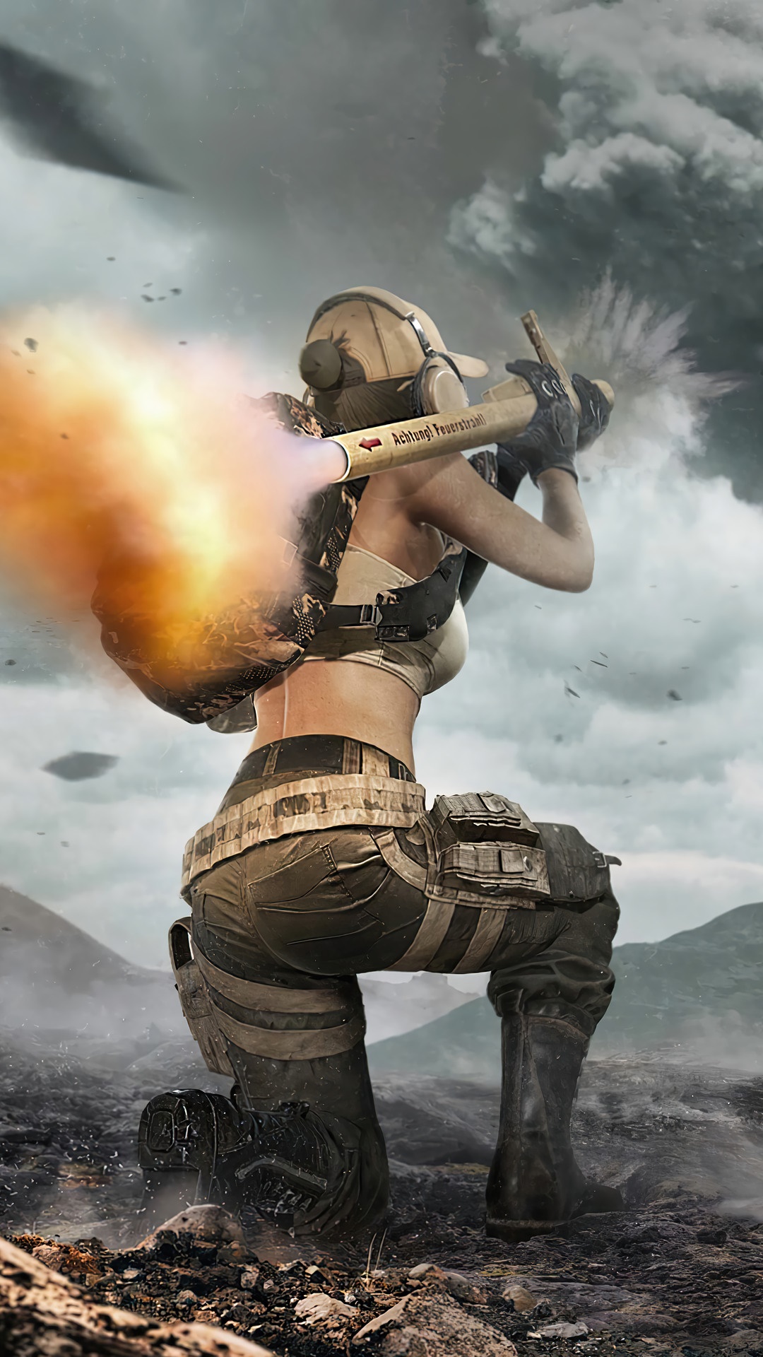 Woman firing a rocket launcher in a desolate landscape HD Phone Wallpaper