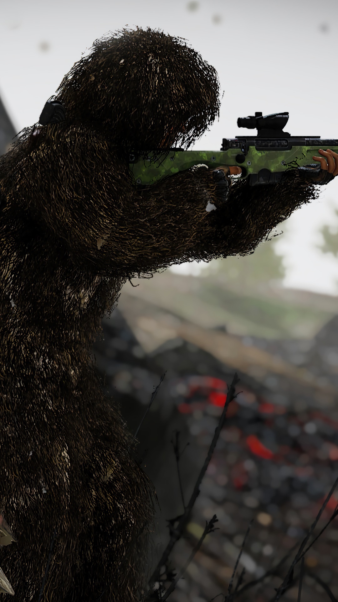 Player in ghillie suit aiming sniper rifle in PUBG HD Phone Wallpaper