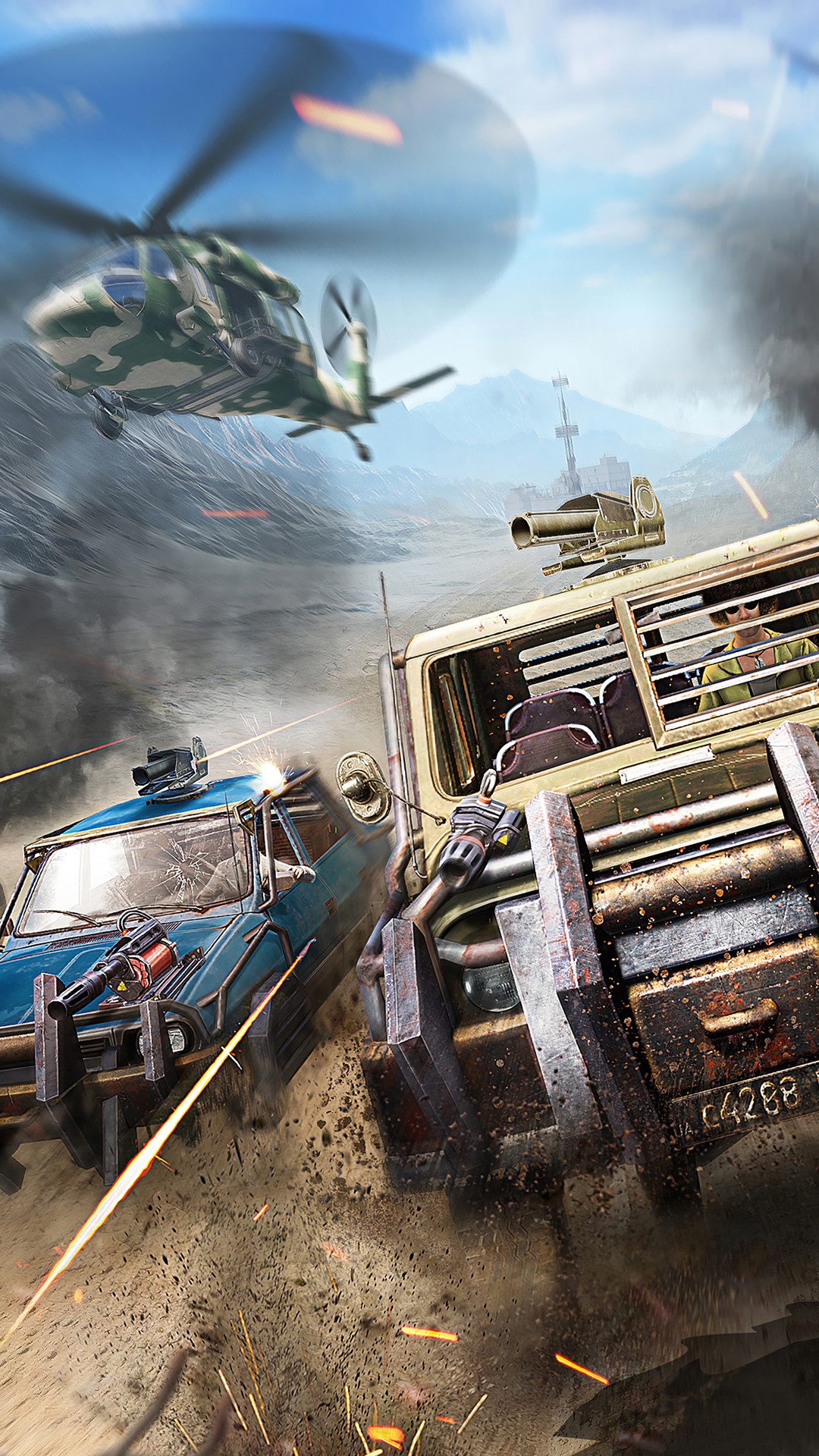 PUBG Mobile battle between vehicles and helicopter HD Phone Wallpaper