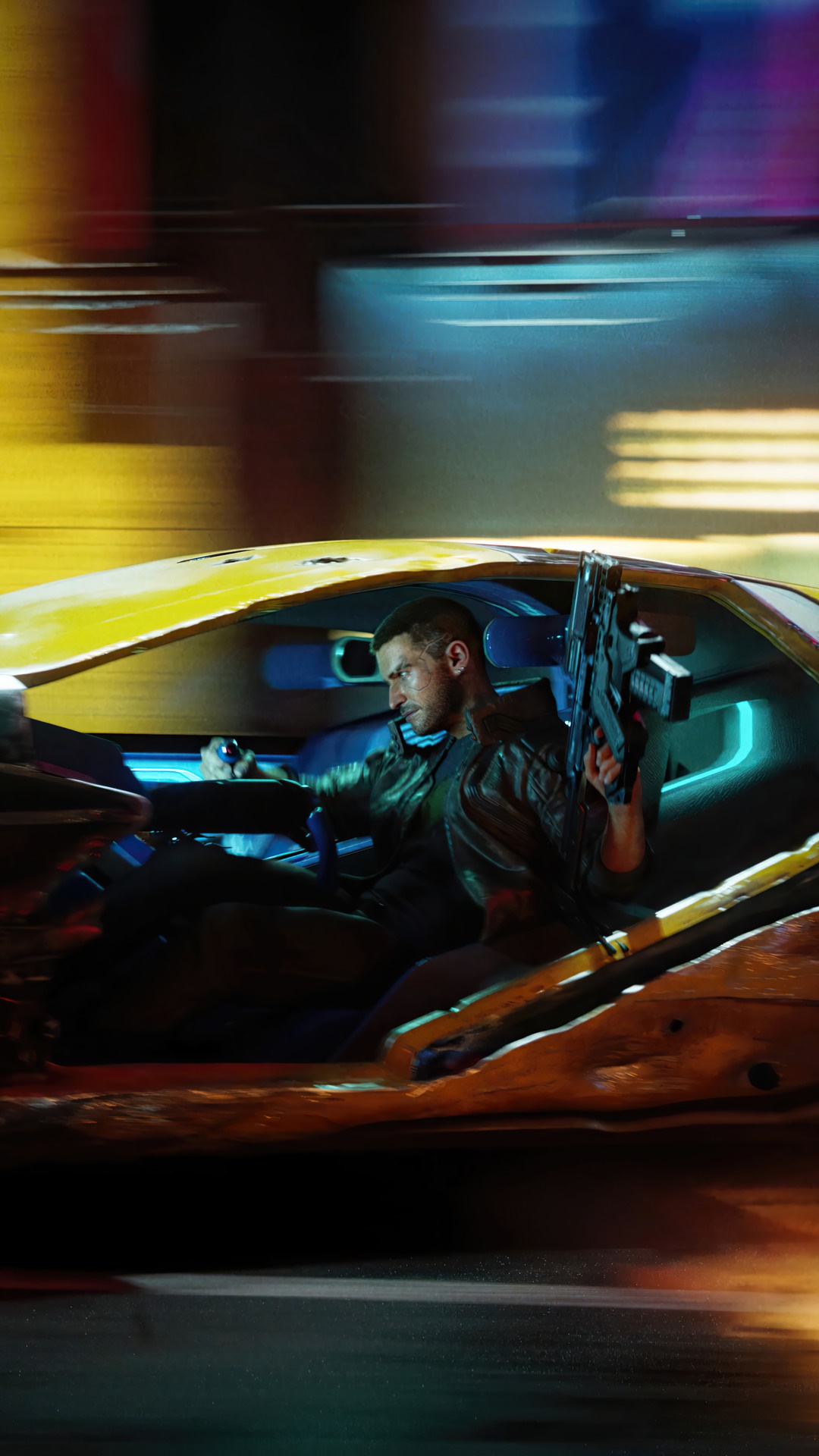 V from Cyberpunk 2077 driving a yellow hypercar HD Phone Wallpaper