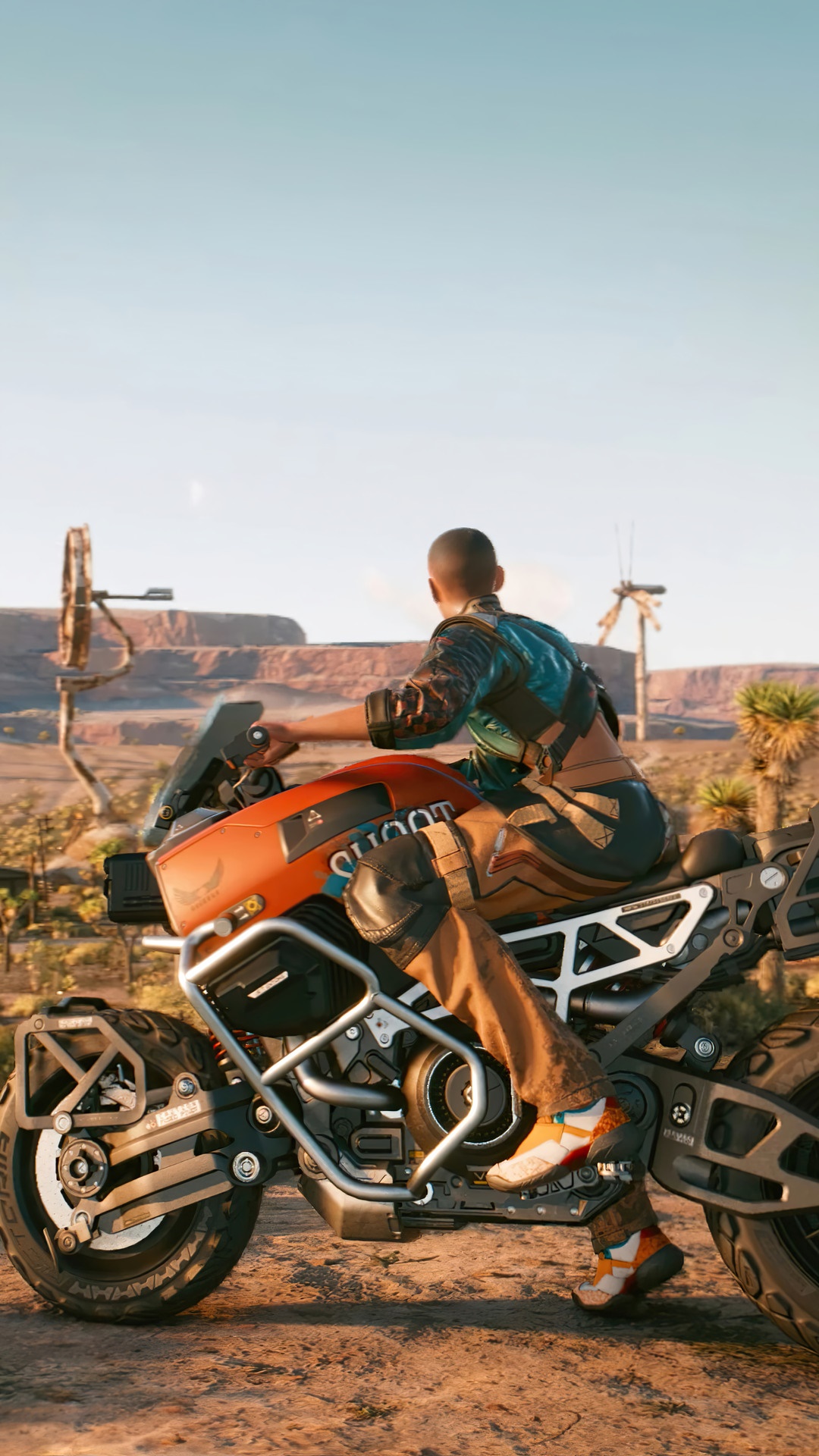 Motorcycle rider in Cyberpunk 2077 desert landscape HD Phone Wallpaper