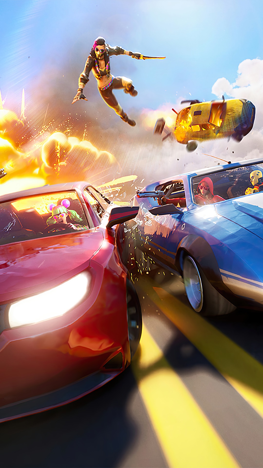 Fortnite characters in a car crash with explosions HD Phone Wallpaper