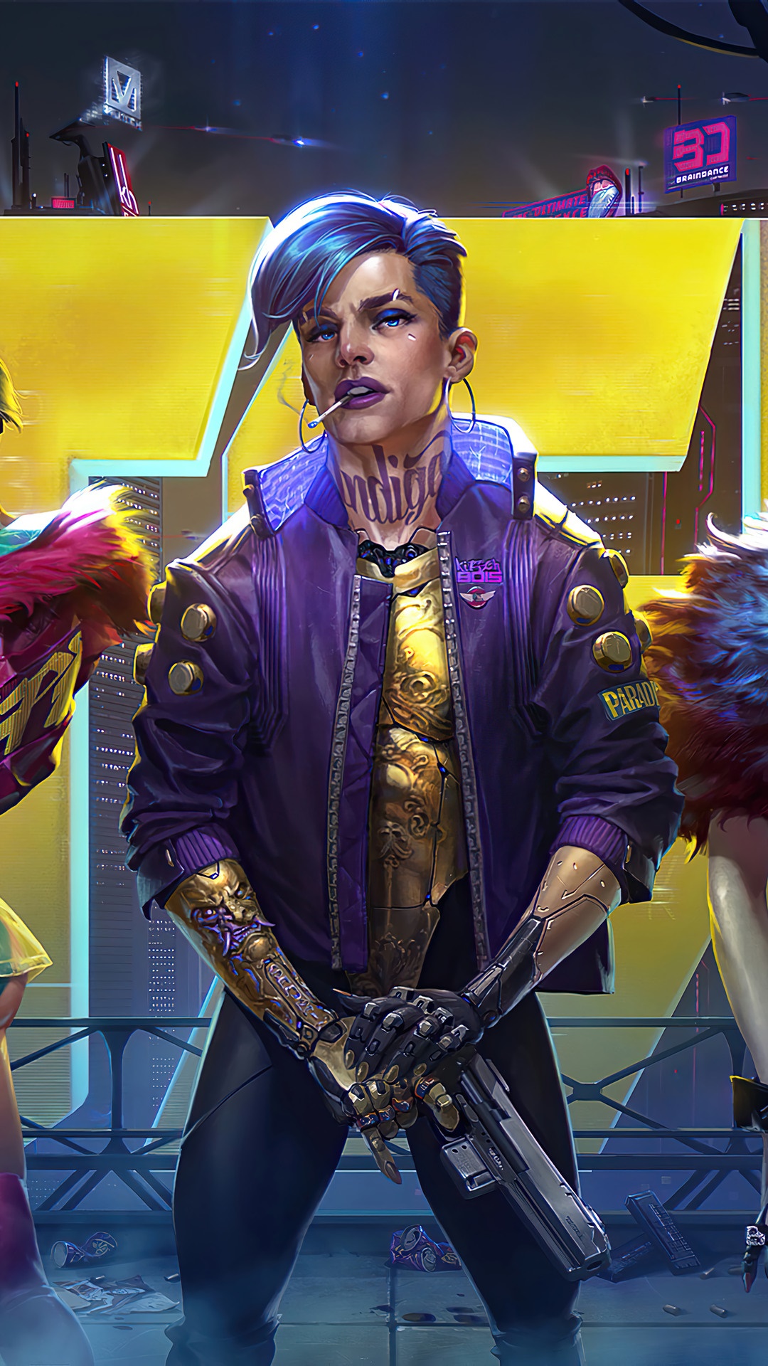 Female character from Cyberpunk 2077 holding a gun HD Phone Wallpaper