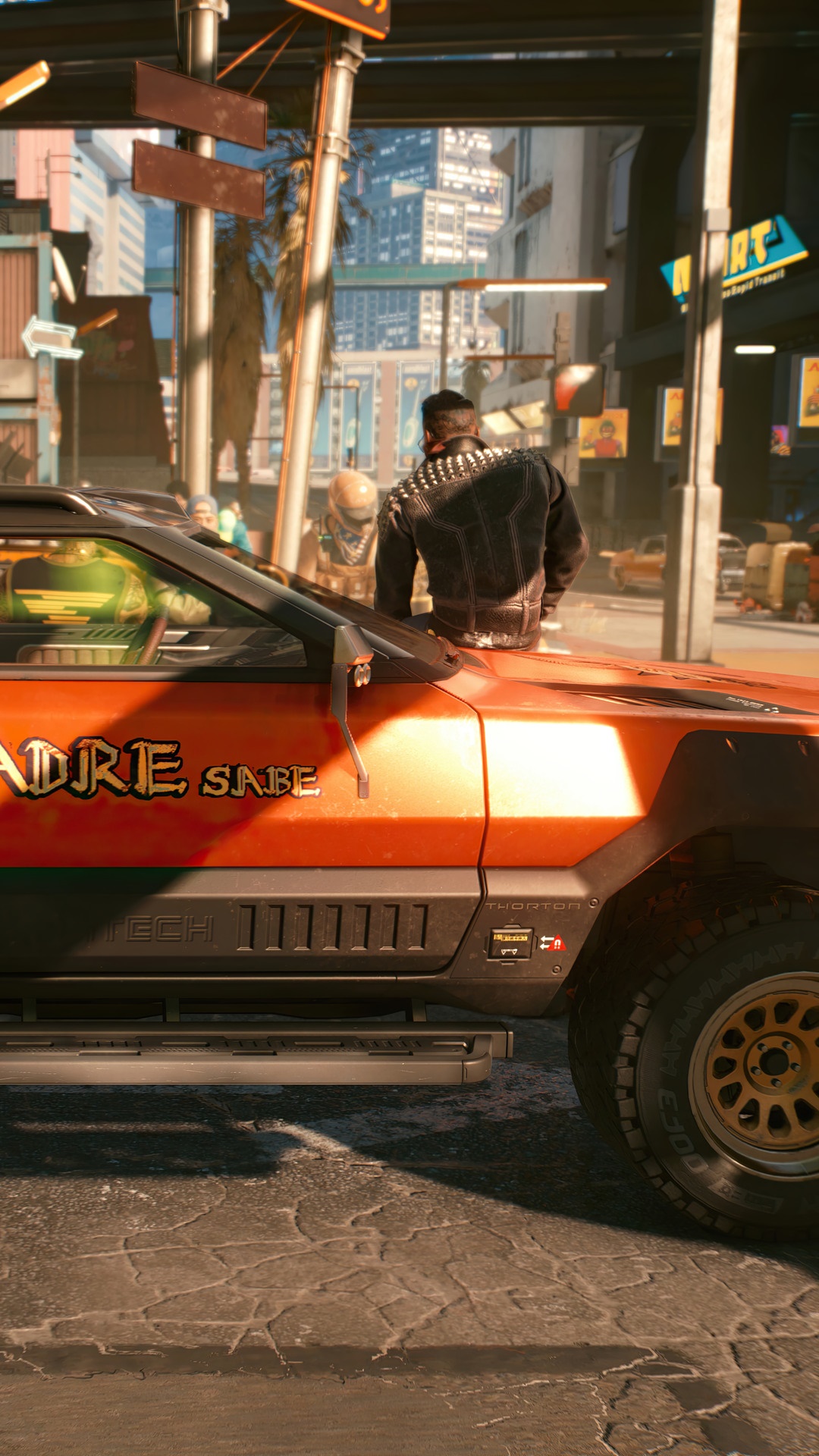 Cyberpunk 2077 car with people in background HD Phone Wallpaper