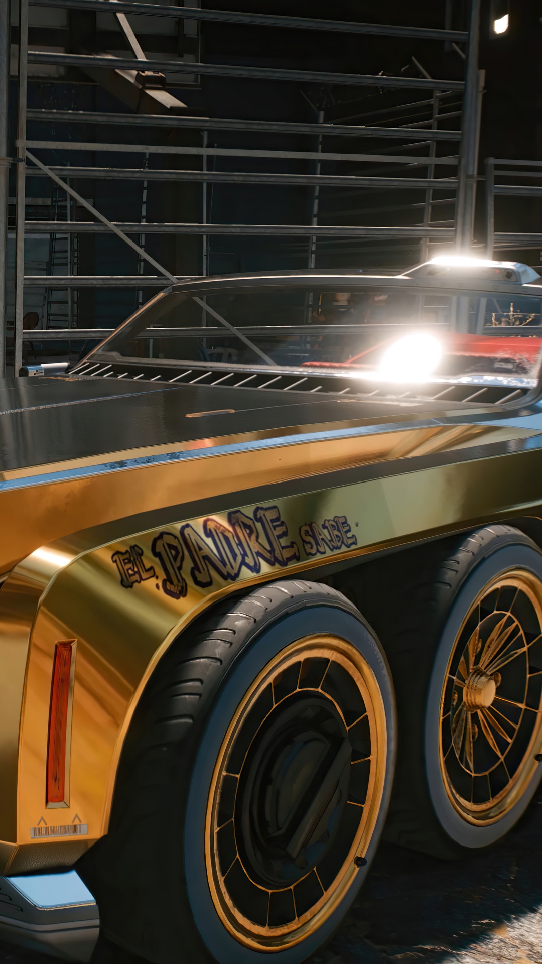 Gold car with "El Padre" text in Cyberpunk 2077 HD Phone Wallpaper
