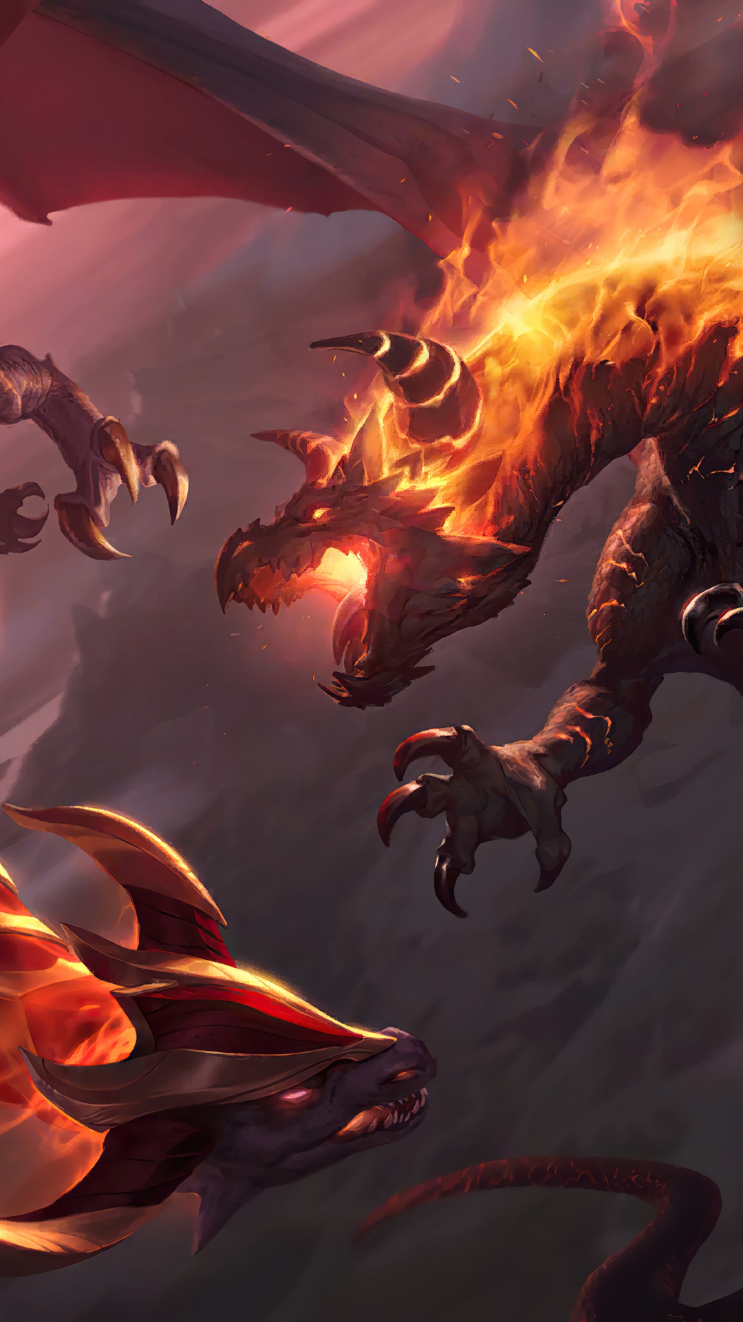 Two fire dragons fighting in Legends of Runeterra HD Phone Wallpaper