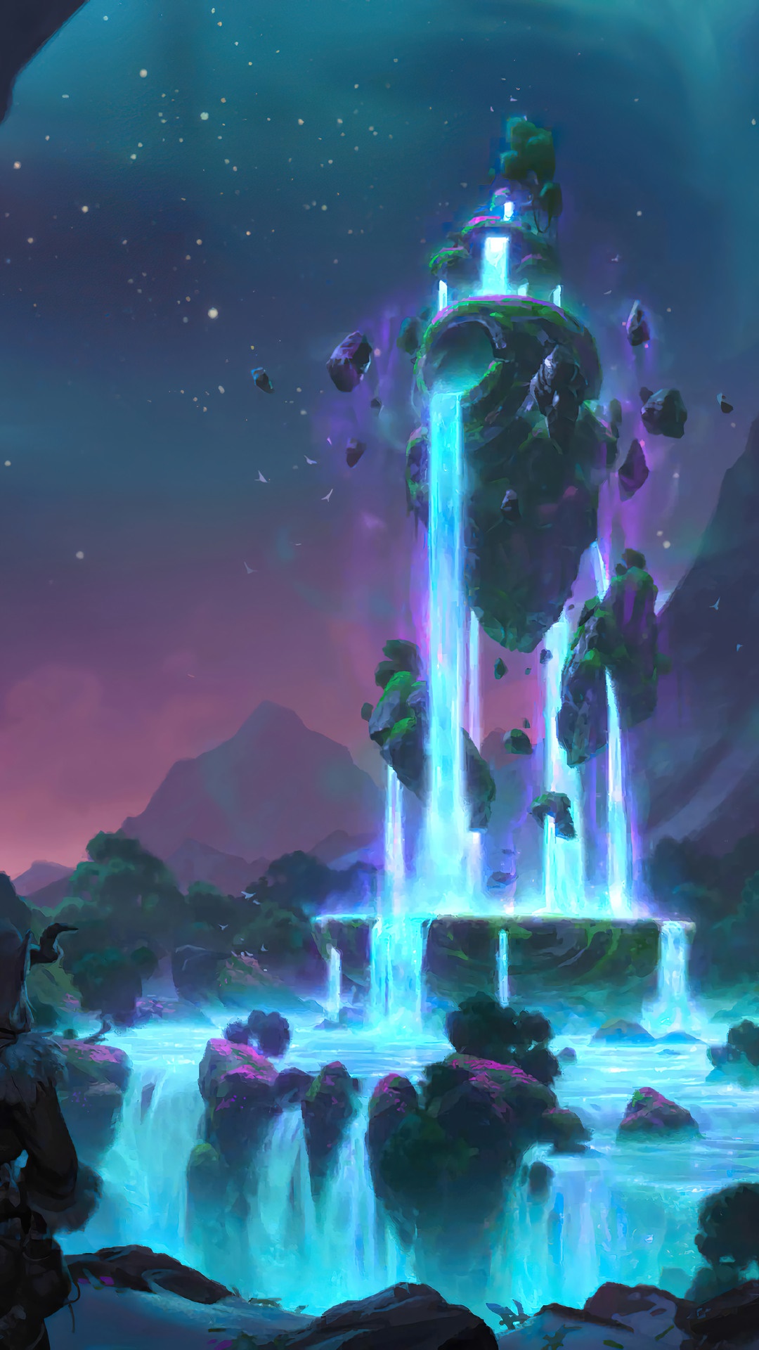 Floating islands with waterfalls in Legends of Runeterra HD Phone Wallpaper