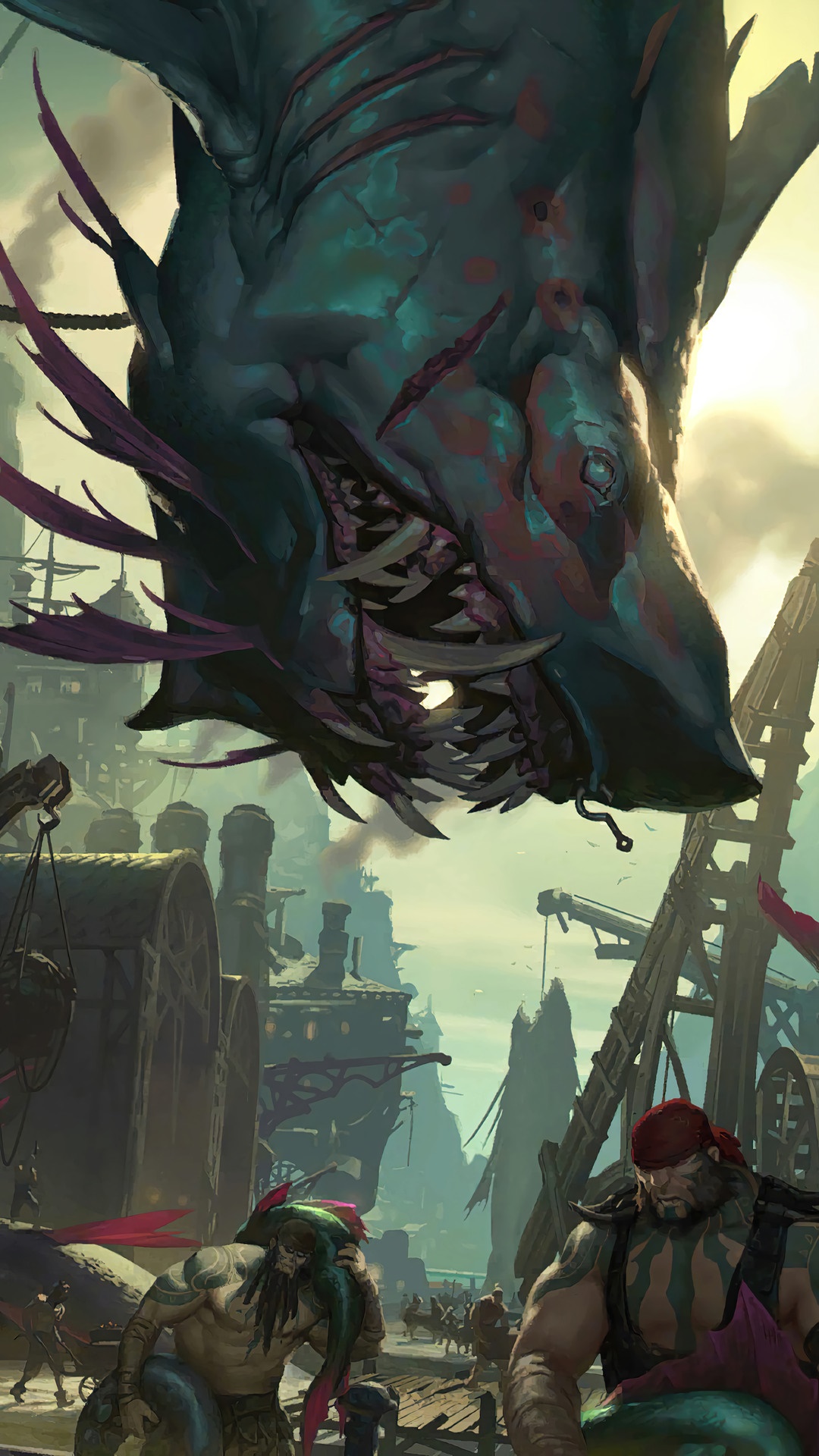 Giant sea creature over a port city in Legends of Runeterra HD Phone Wallpaper