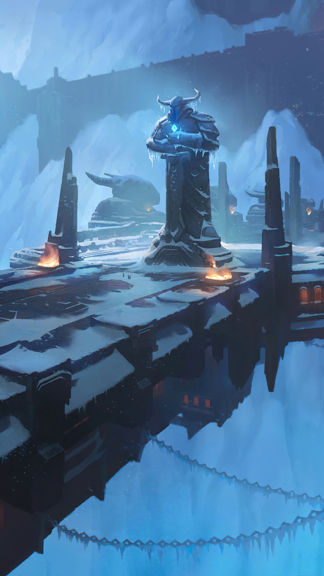 Statue in a snowy, mountainous region from Legends of Runeterra HD Phone Wallpaper