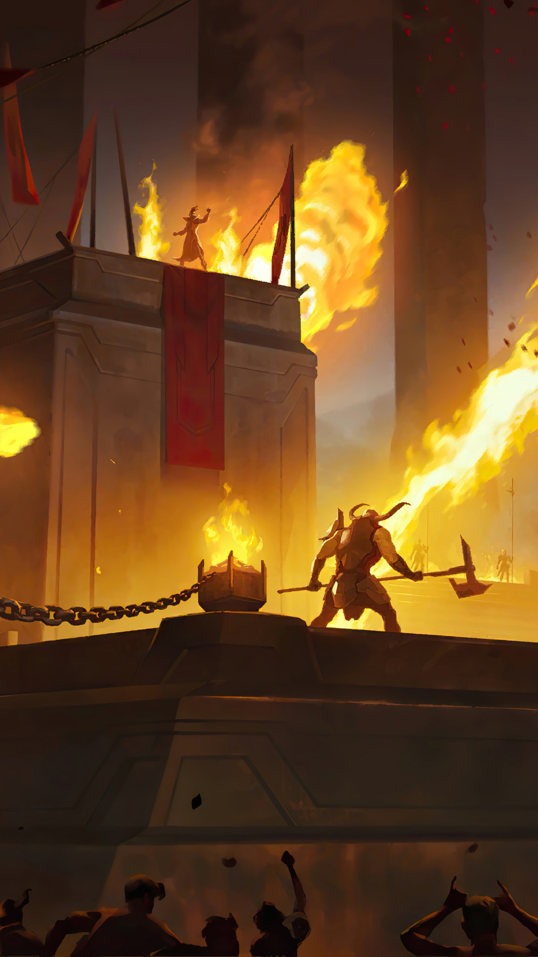 Arena battle with fire and warriors from Legends of Runeterra HD Phone Wallpaper