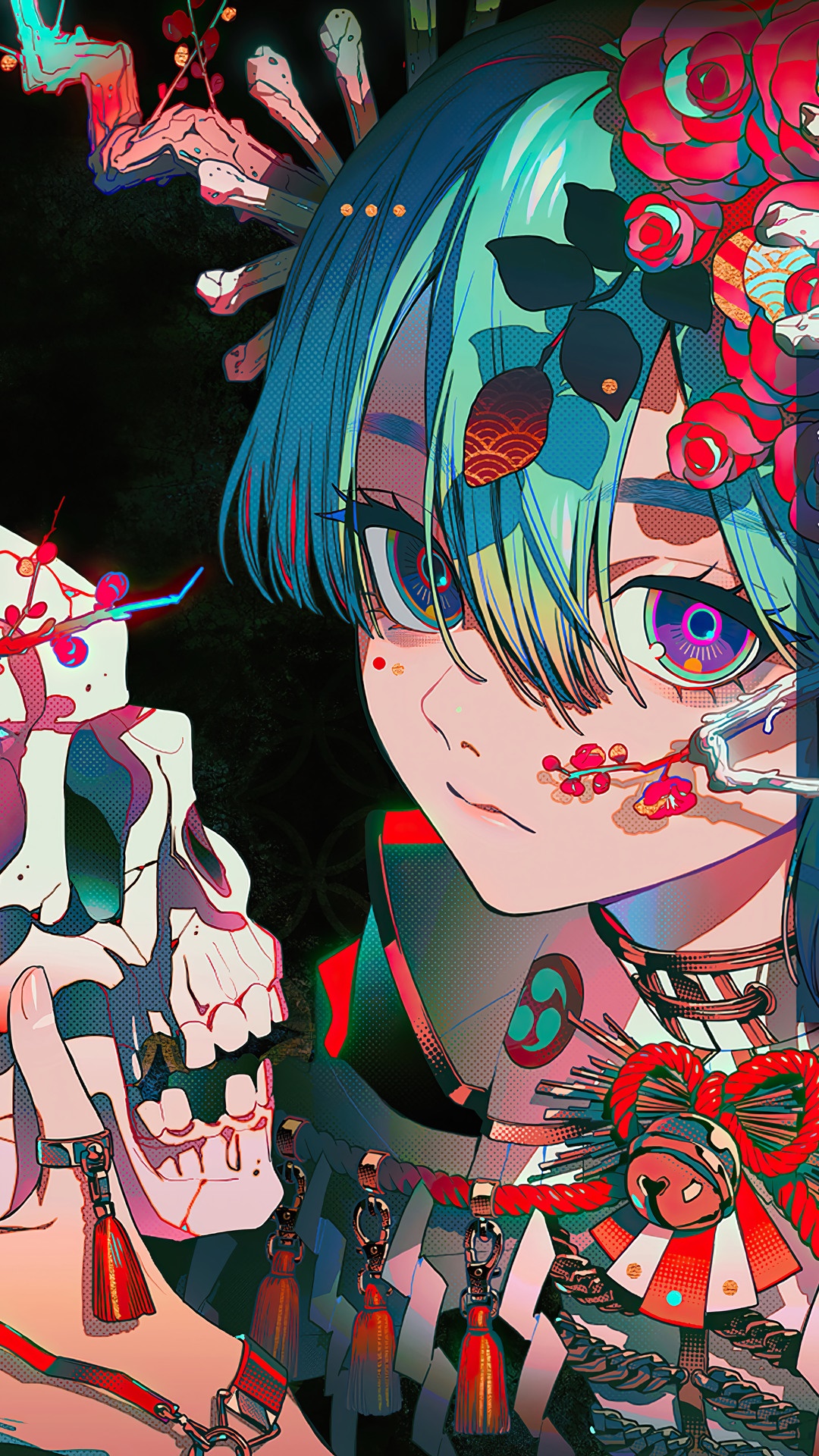 Anime girl with skull and flowers HD Phone Wallpaper