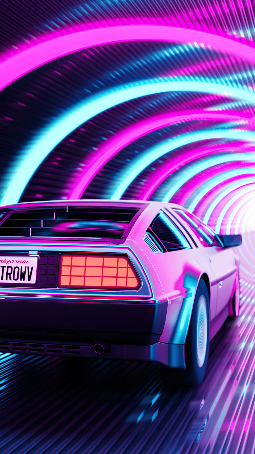DeLorean driving through a neon tunnel HD Phone Wallpaper