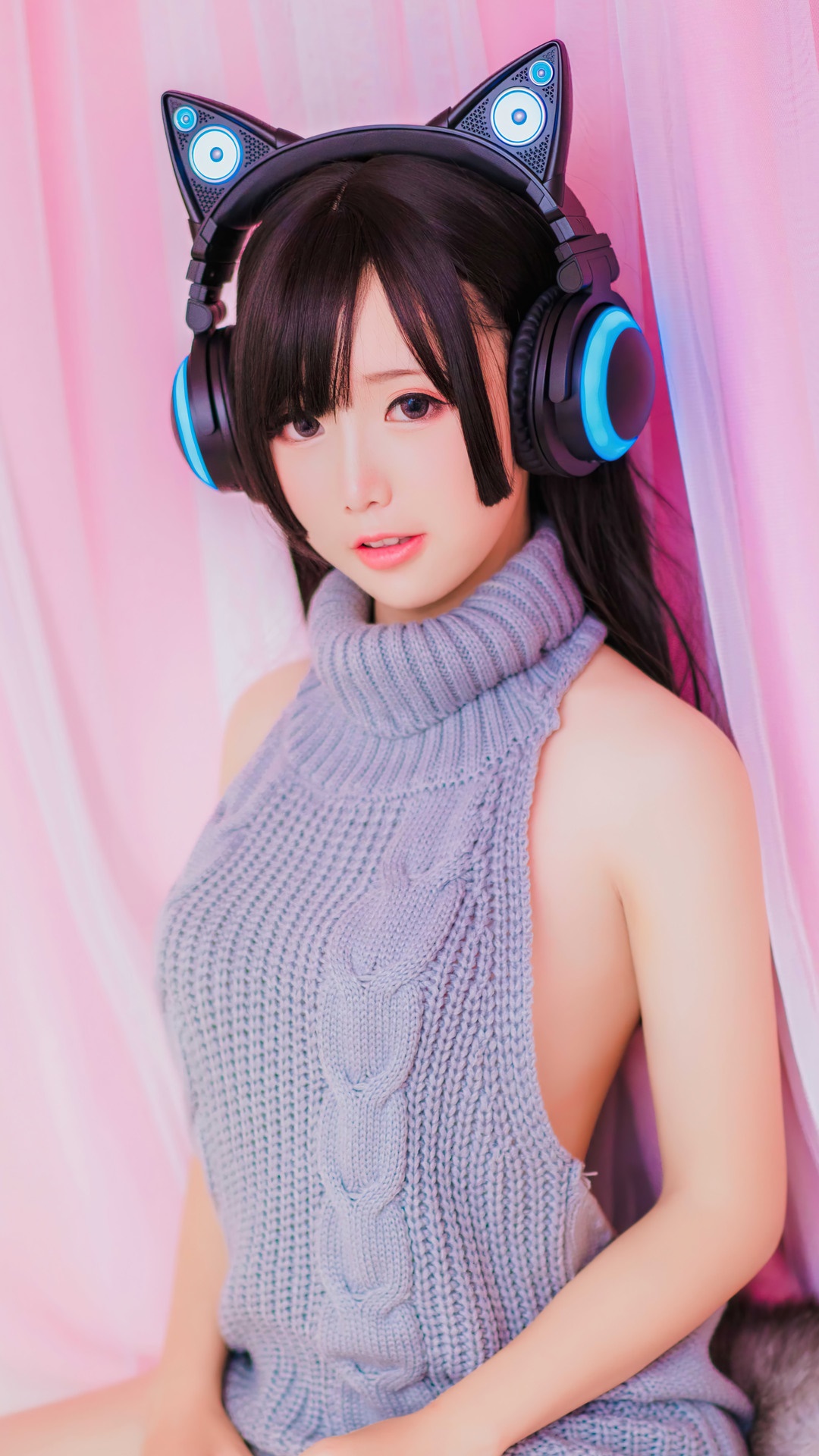 Asian girl with cat ear headphones wearing a sweater HD Phone Wallpaper