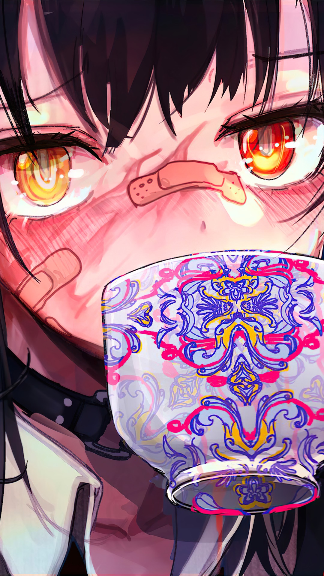 Anime girl with band-aids drinking from a patterned cup HD Phone Wallpaper