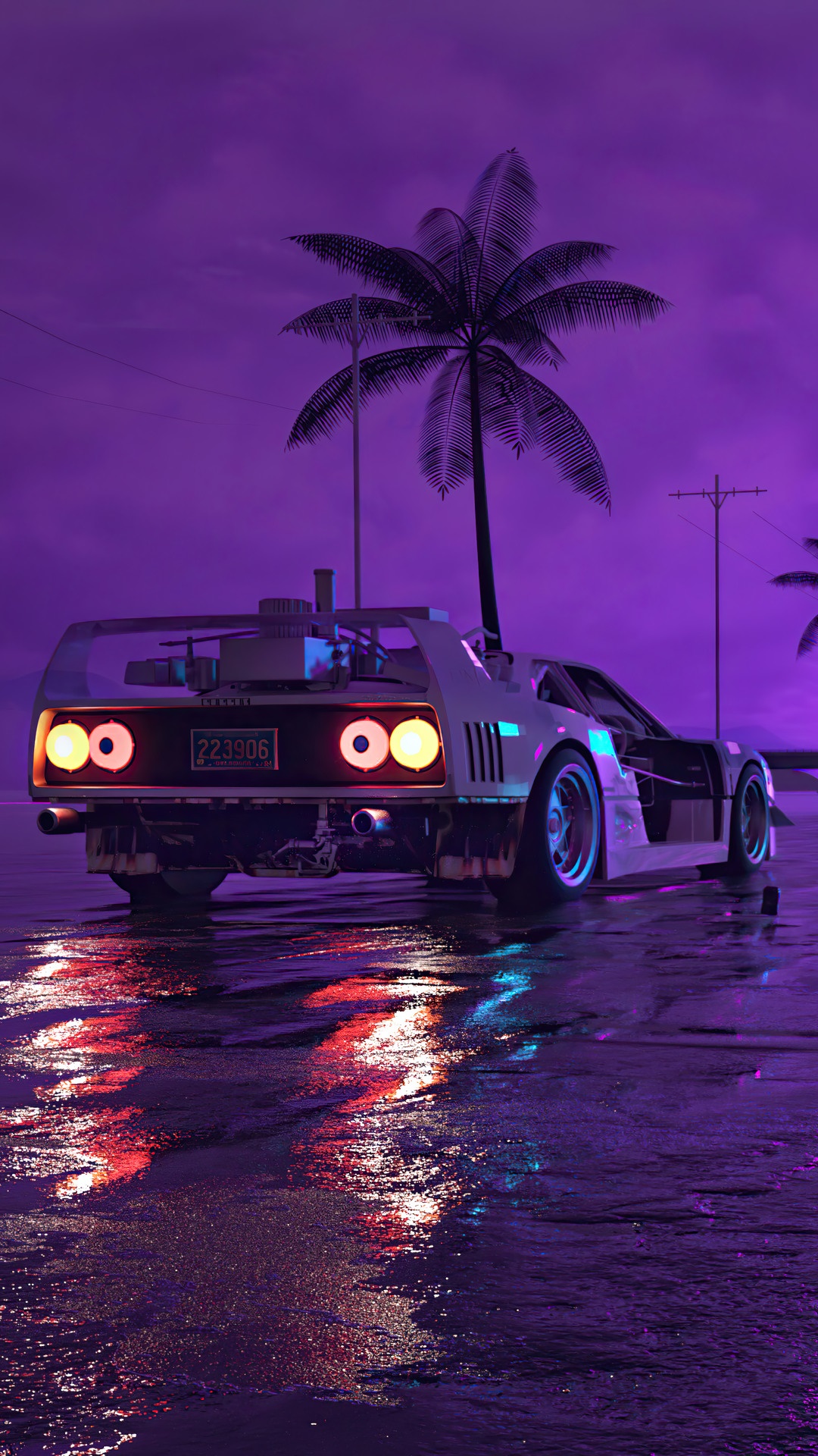 Retro Sports Car on Wet Road at Night HD Phone Wallpaper