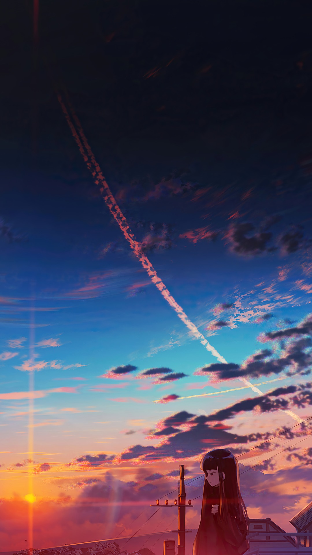 Anime girl watching sunset with contrails in the sky HD Phone Wallpaper