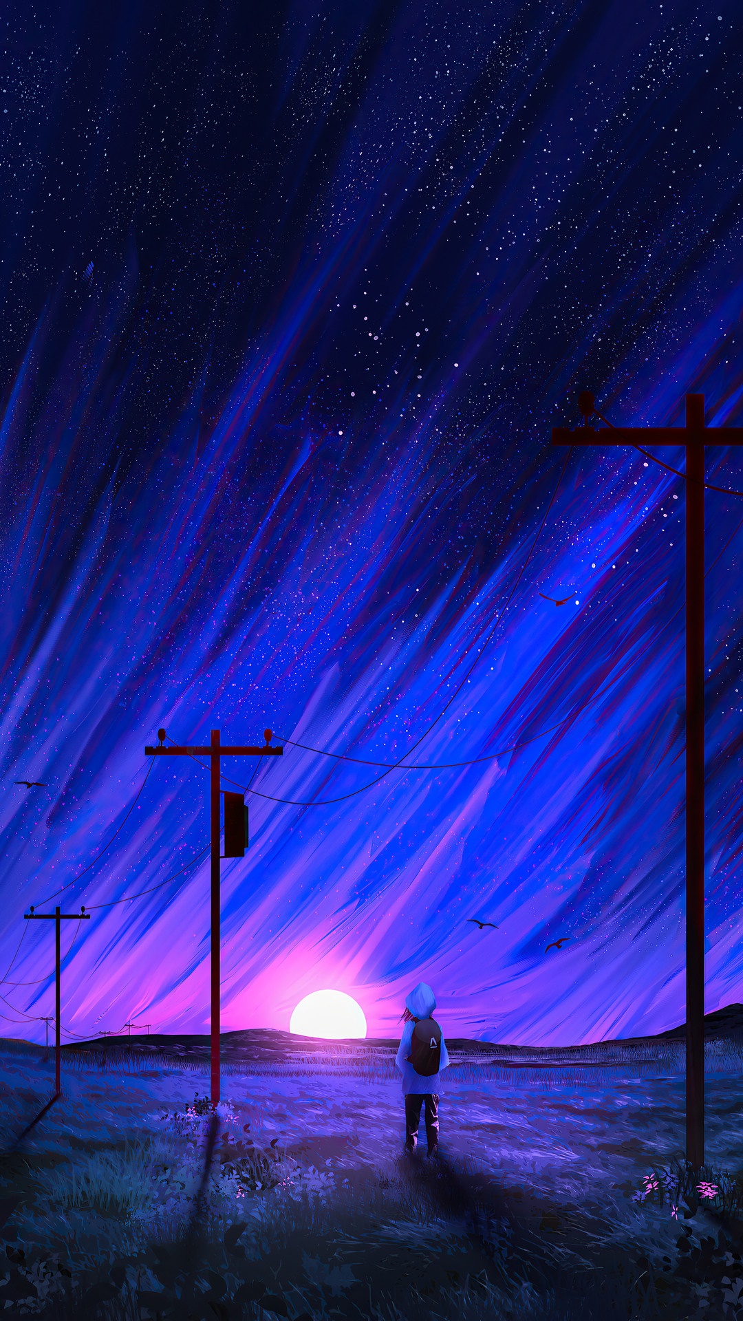 Person with backpack watching sunrise with power lines HD Phone Wallpaper