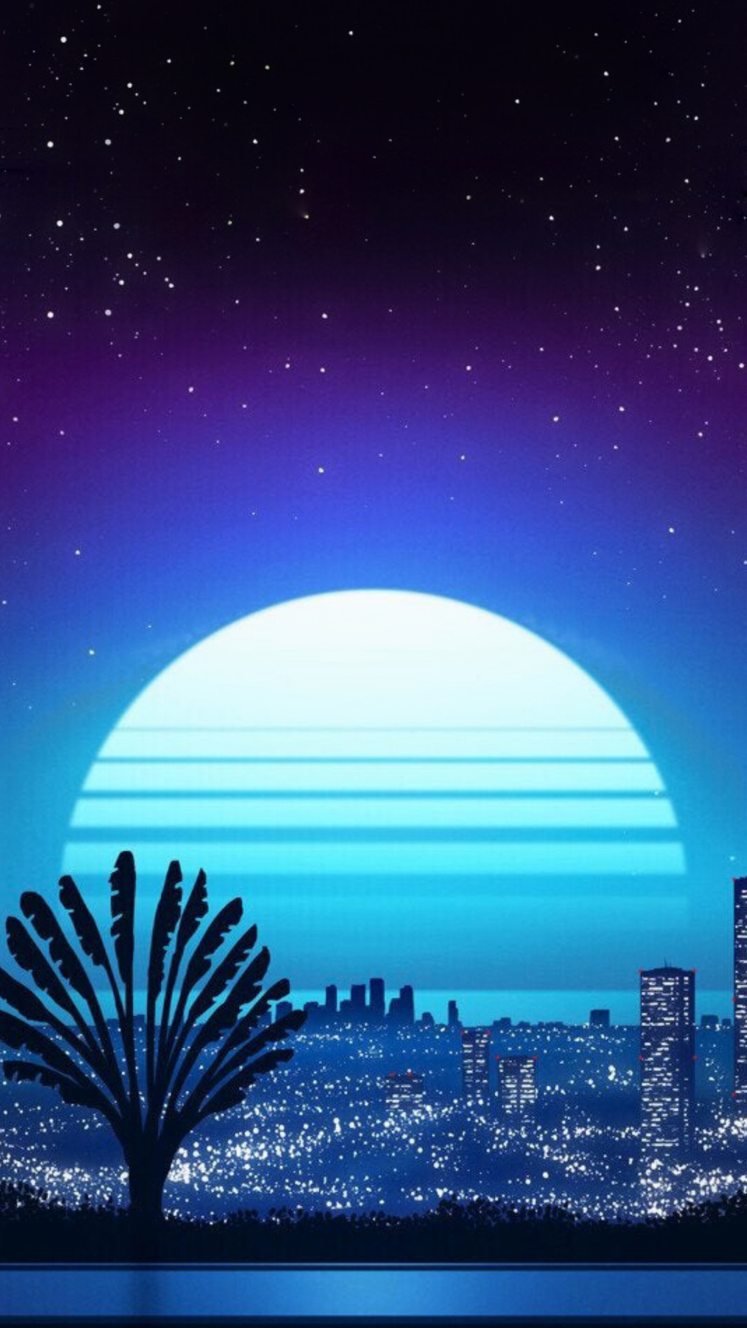Retro cityscape with a large sun and palm tree HD Phone Wallpaper