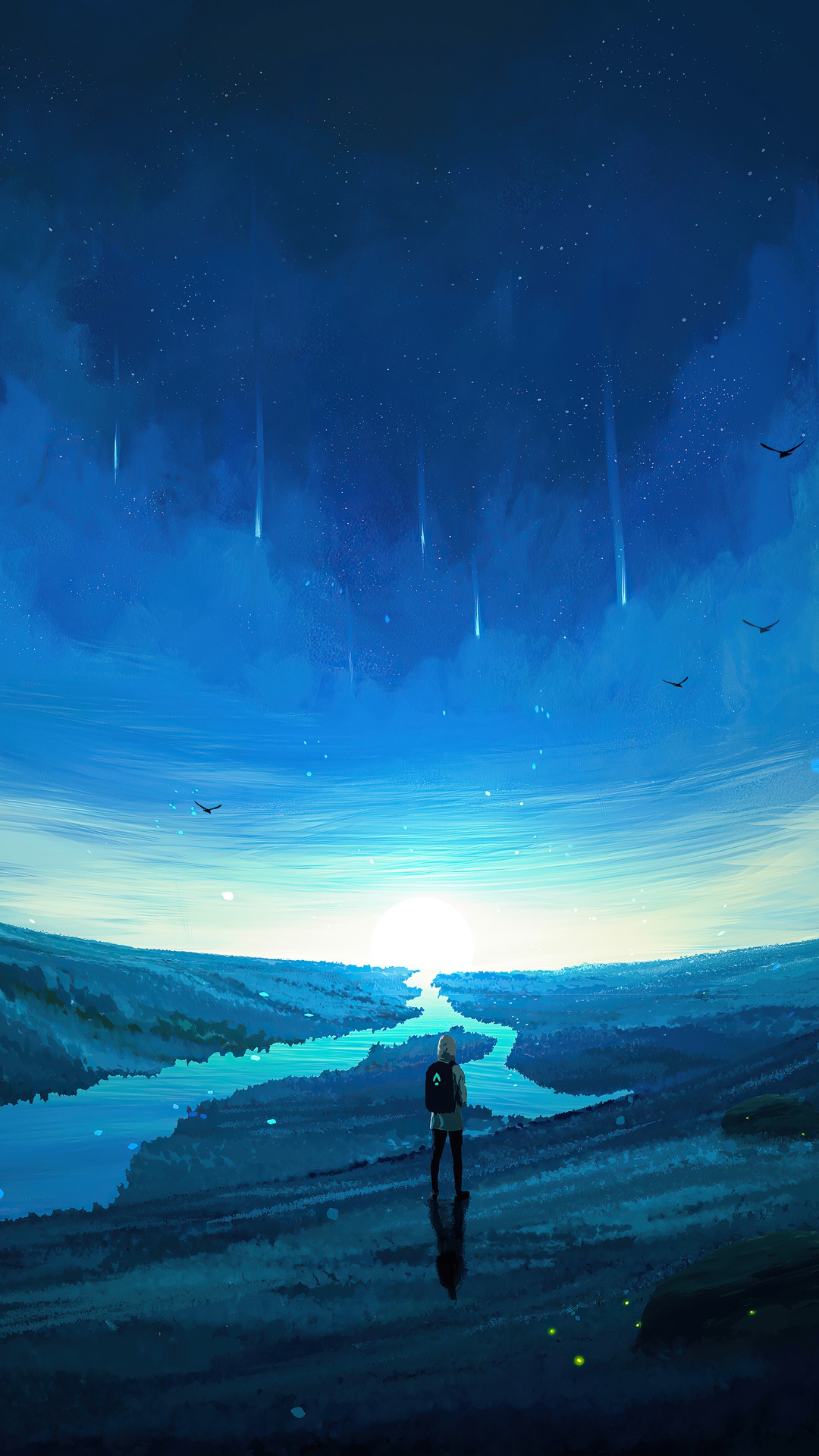 Person watching a meteor shower over a river at sunrise HD Phone Wallpaper