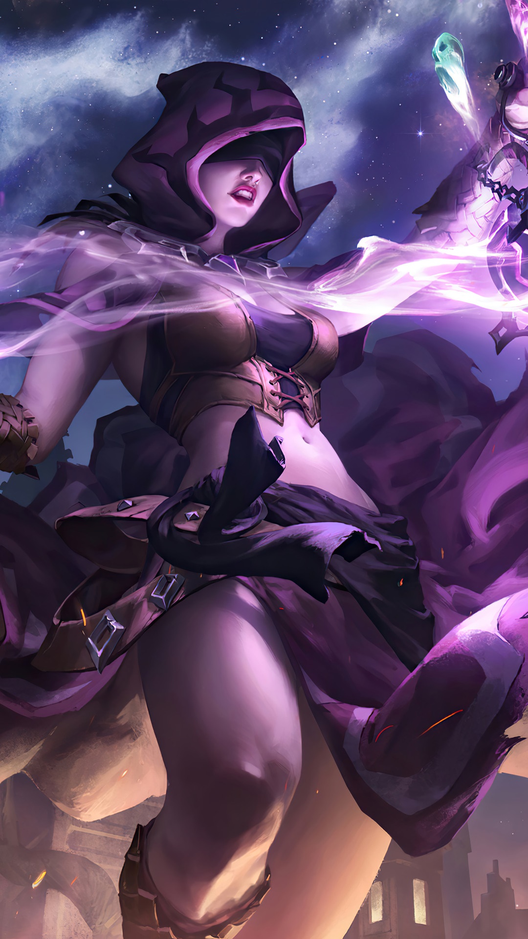 Blindfolded sorceress casting purple magic HD Phone Wallpaper
