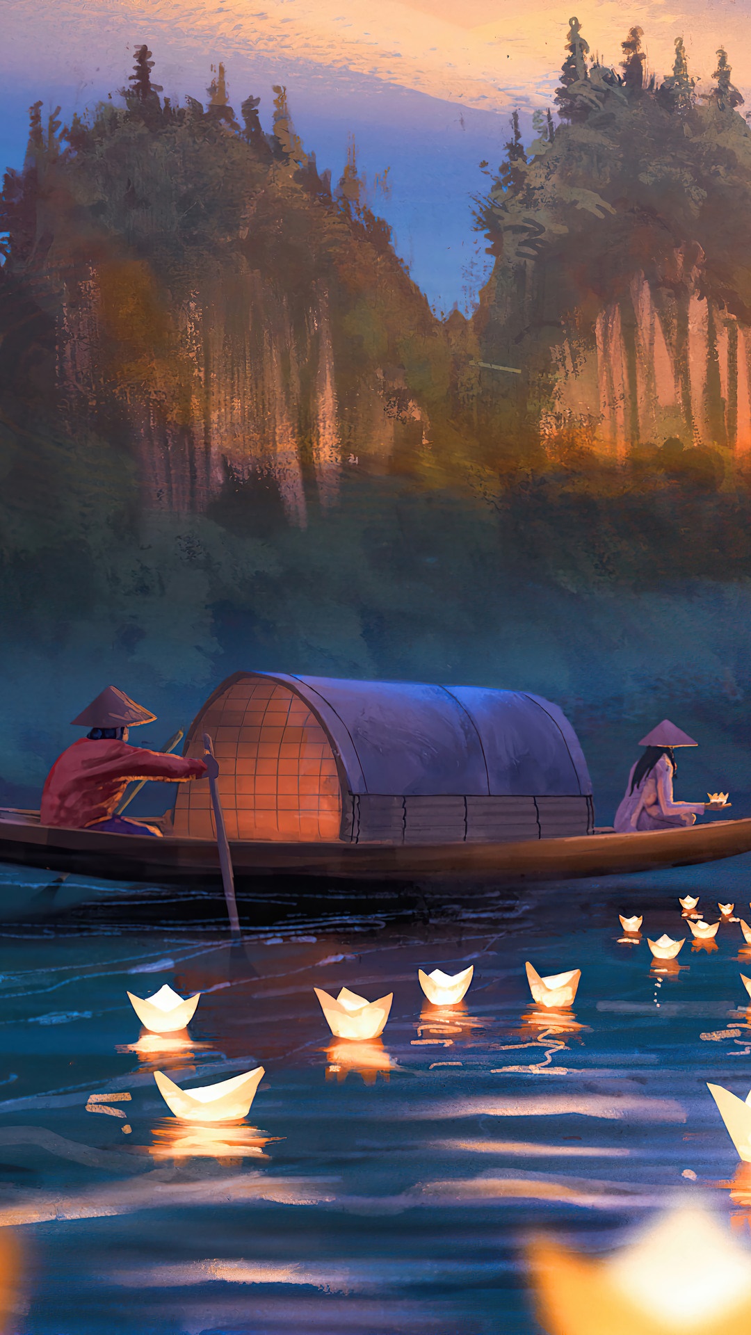 Boat on a river with paper lanterns HD Phone Wallpaper