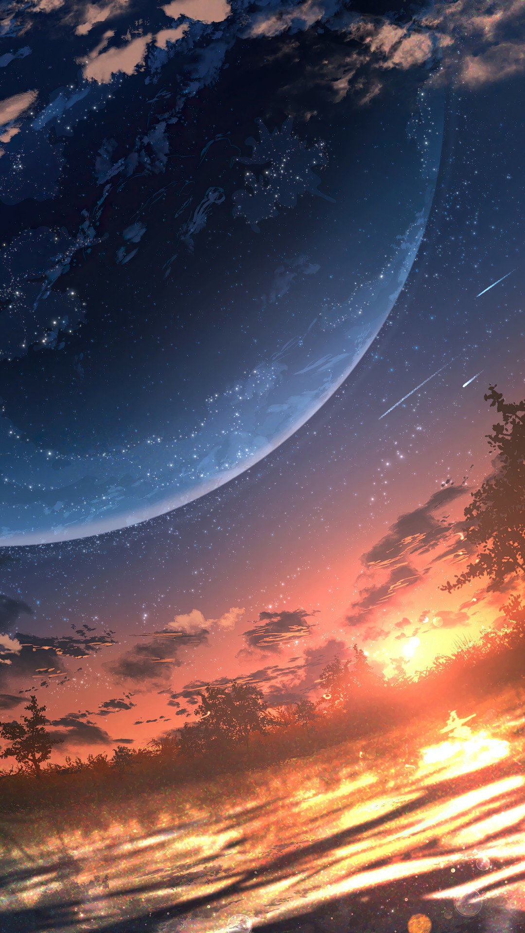Anime planet scenery with sunset and clouds HD Phone Wallpaper