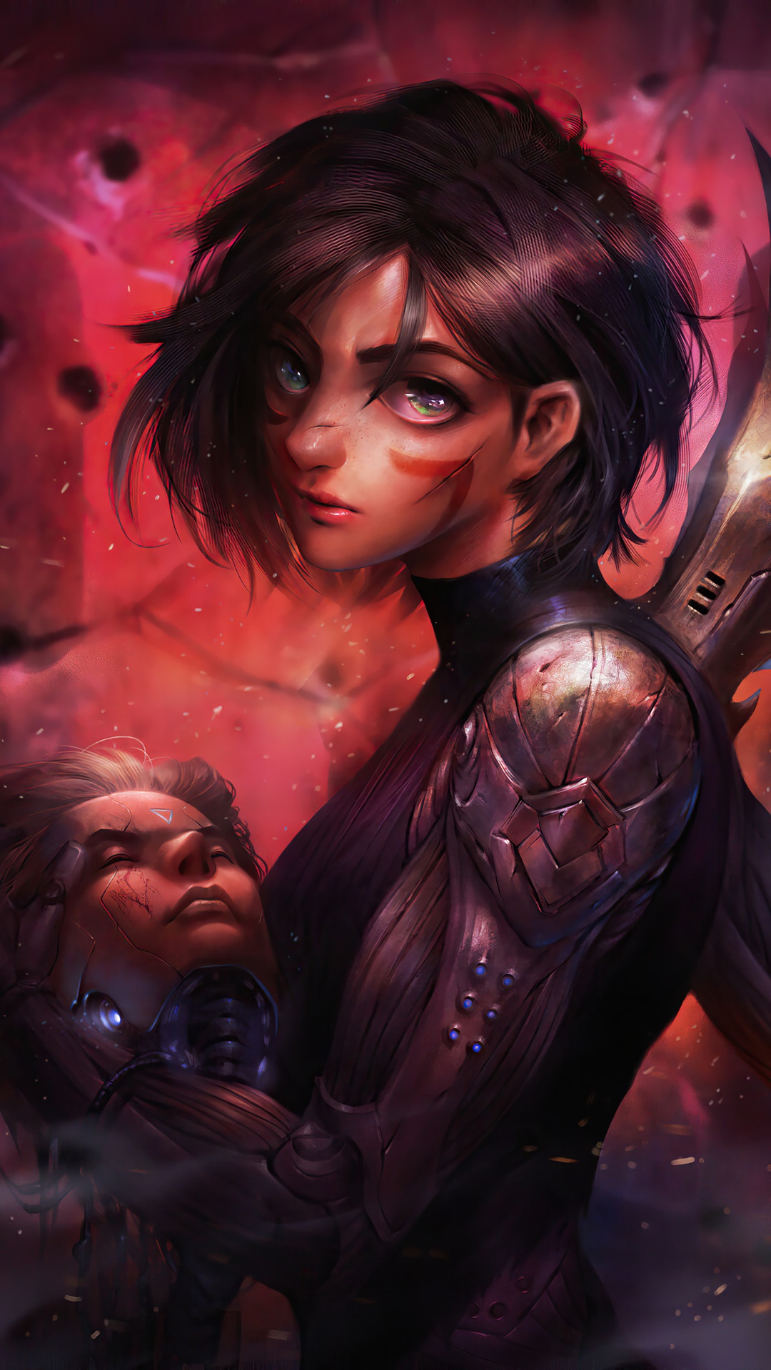 Alita from Battle Angel holding a severed head HD Phone Wallpaper