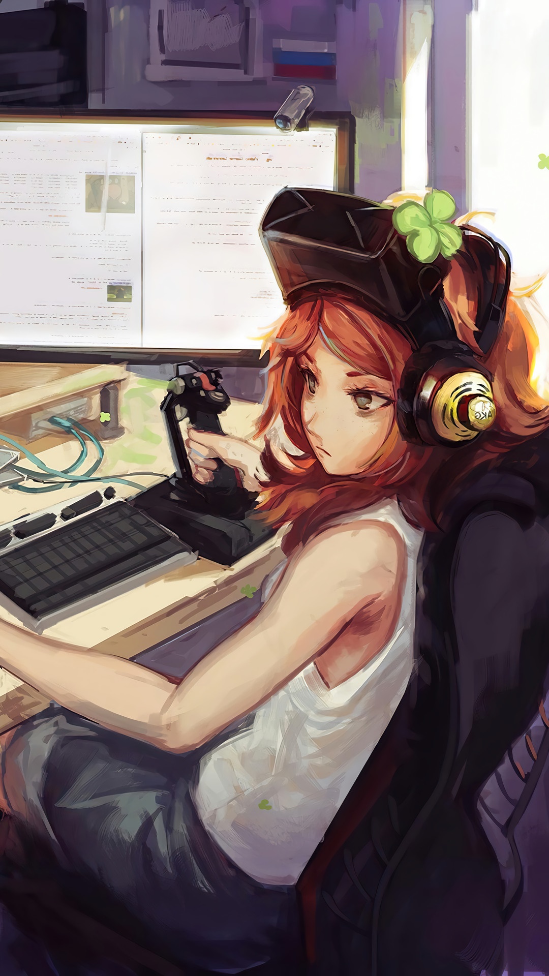 Anime girl with headphones and VR headset playing video games HD Phone Wallpaper