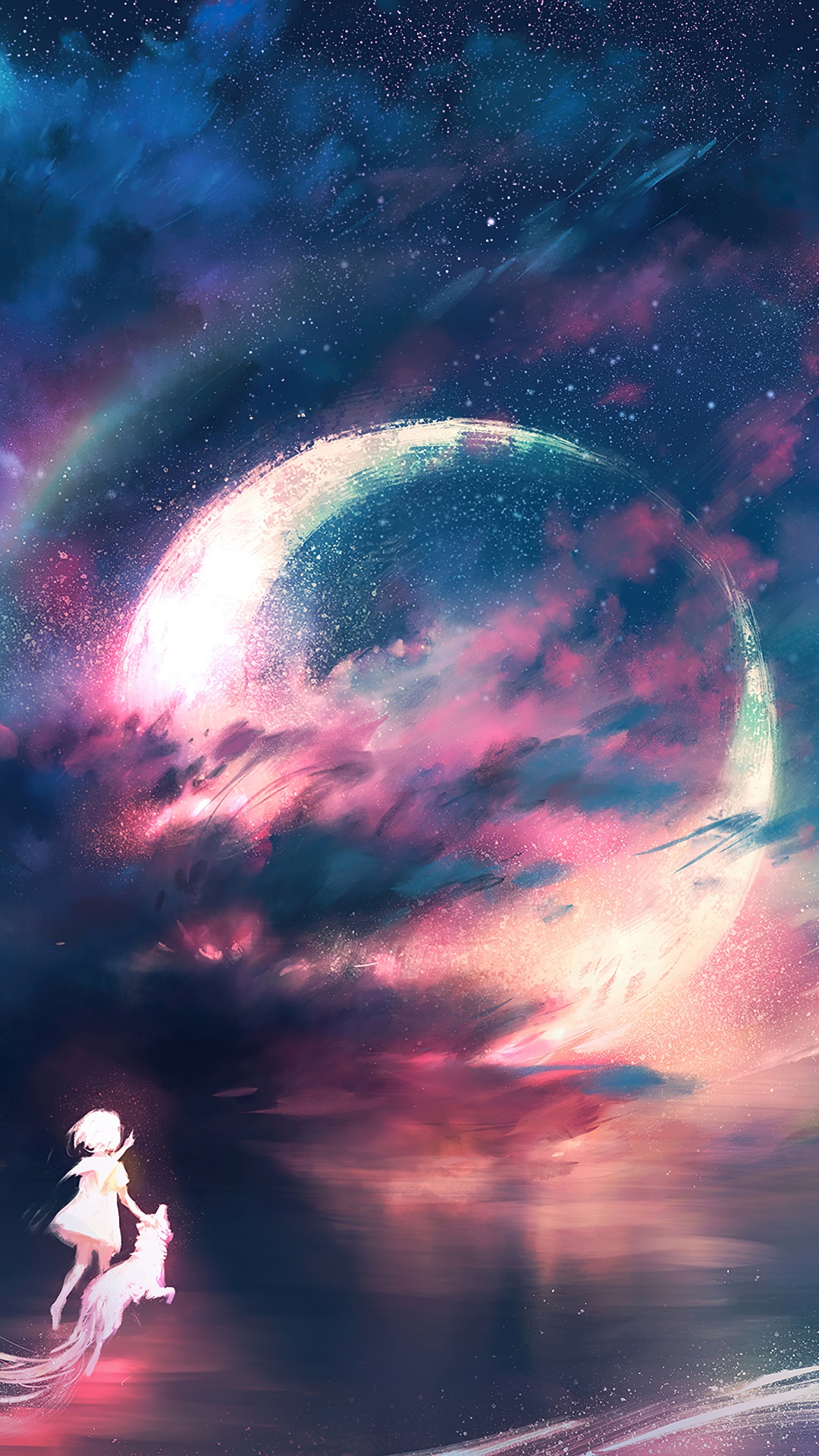 Anime girl and fox under a crescent moon in the night sky HD Phone Wallpaper