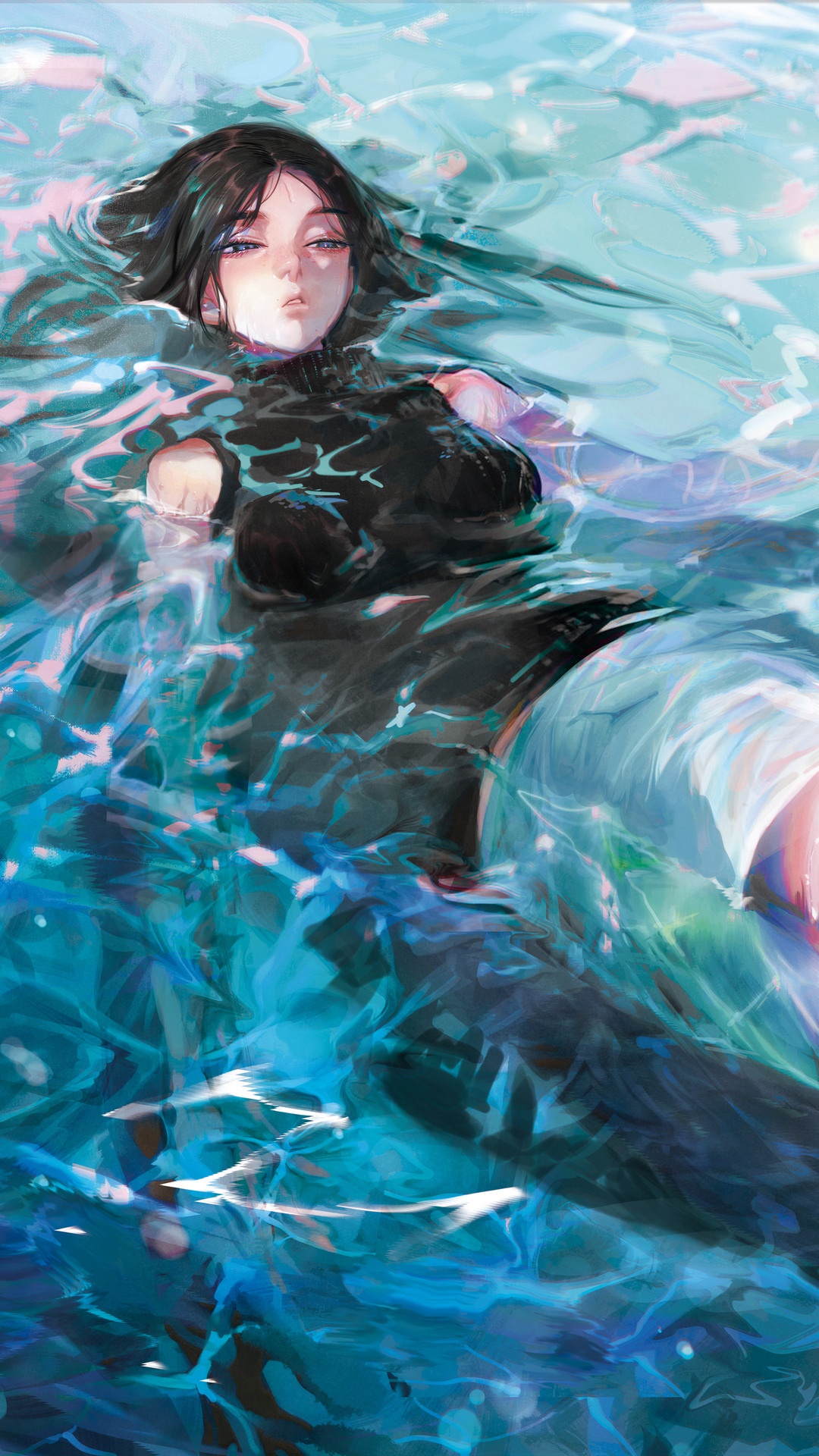 Anime girl floating in water HD Phone Wallpaper