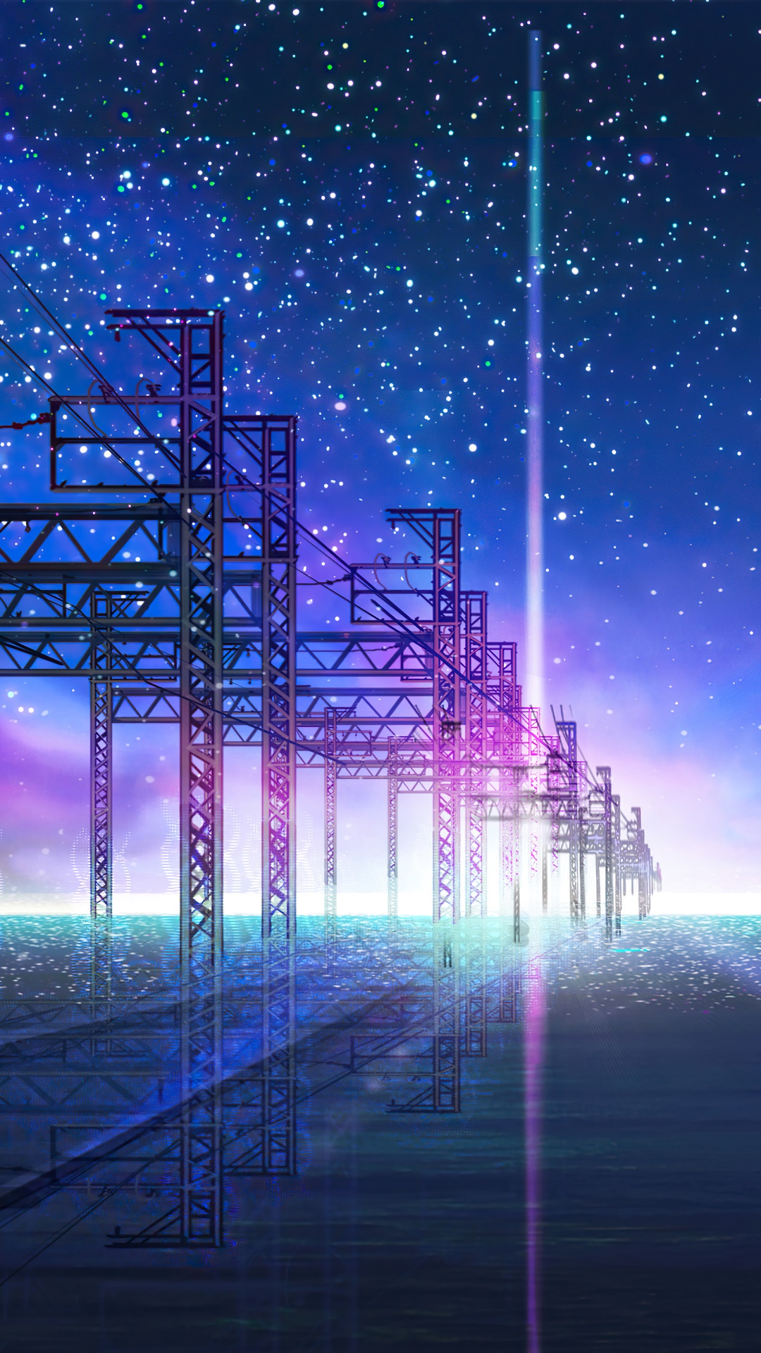 Anime industrial structures on water under starry sky HD Phone Wallpaper