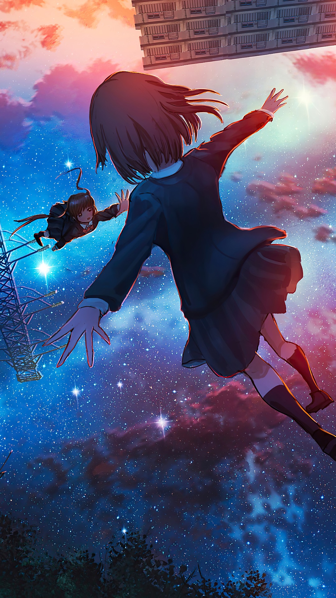 Two anime girls falling through a starry sky at sunset HD Phone Wallpaper