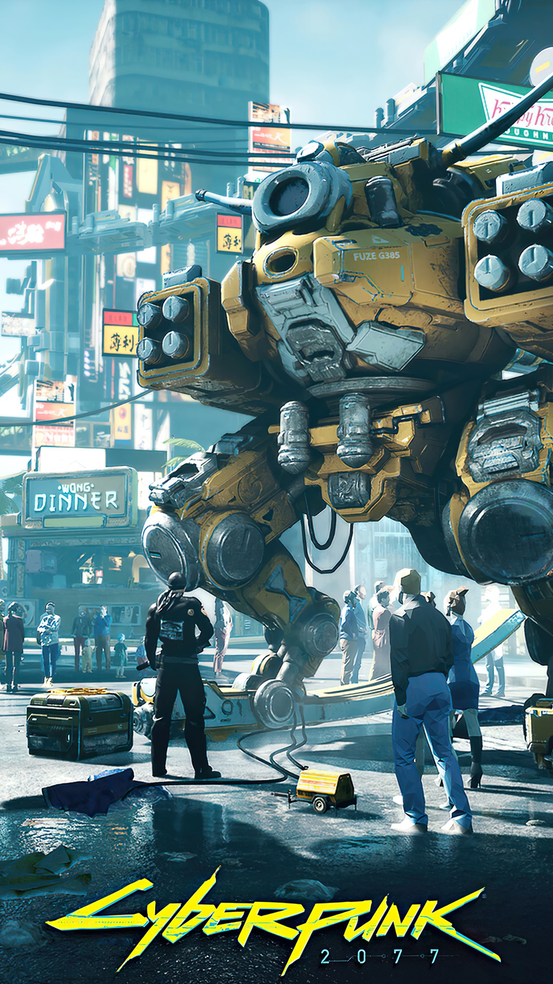 Cyberpunk 2077 mech in a city street HD Phone Wallpaper