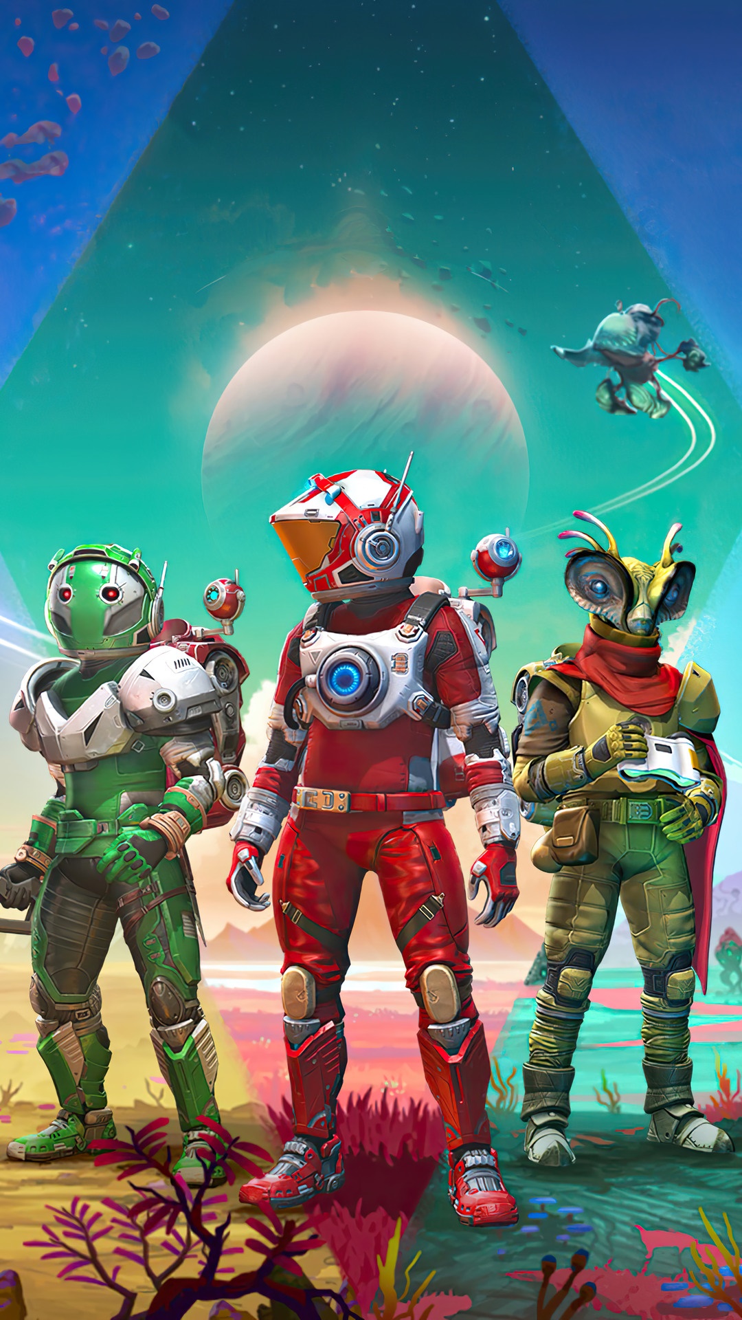 No Man's Sky characters in space suits on alien planet HD Phone Wallpaper
