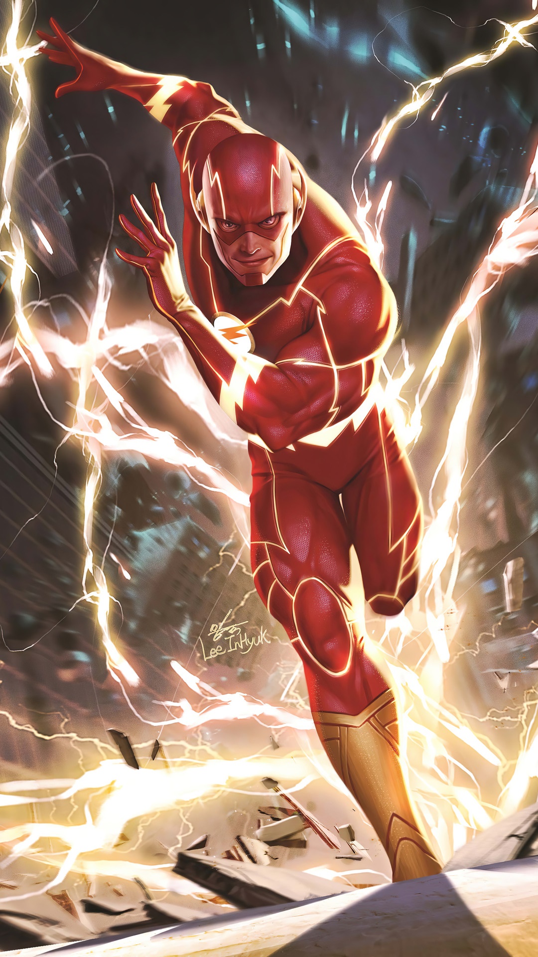 The Flash from DC Comics running with lightning HD Phone Wallpaper