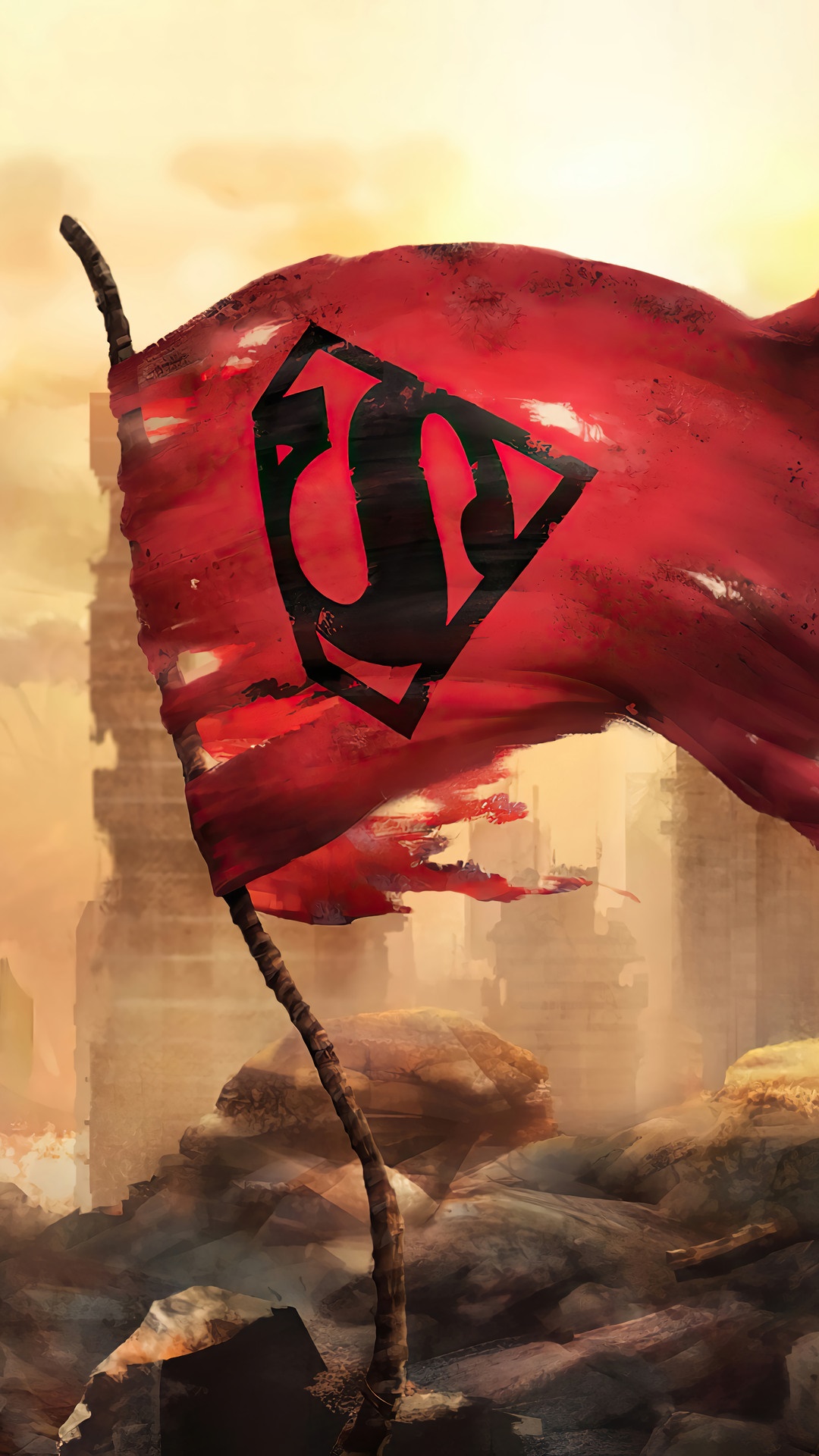 Tattered Superman flag in a post-apocalyptic landscape HD Phone Wallpaper