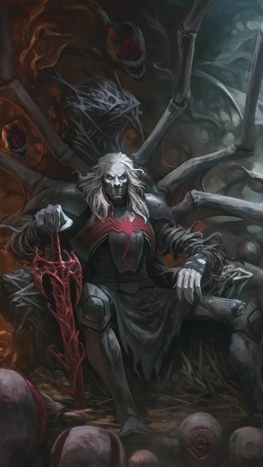 Knull from Marvel Comics sitting on a throne with a sword HD Phone Wallpaper