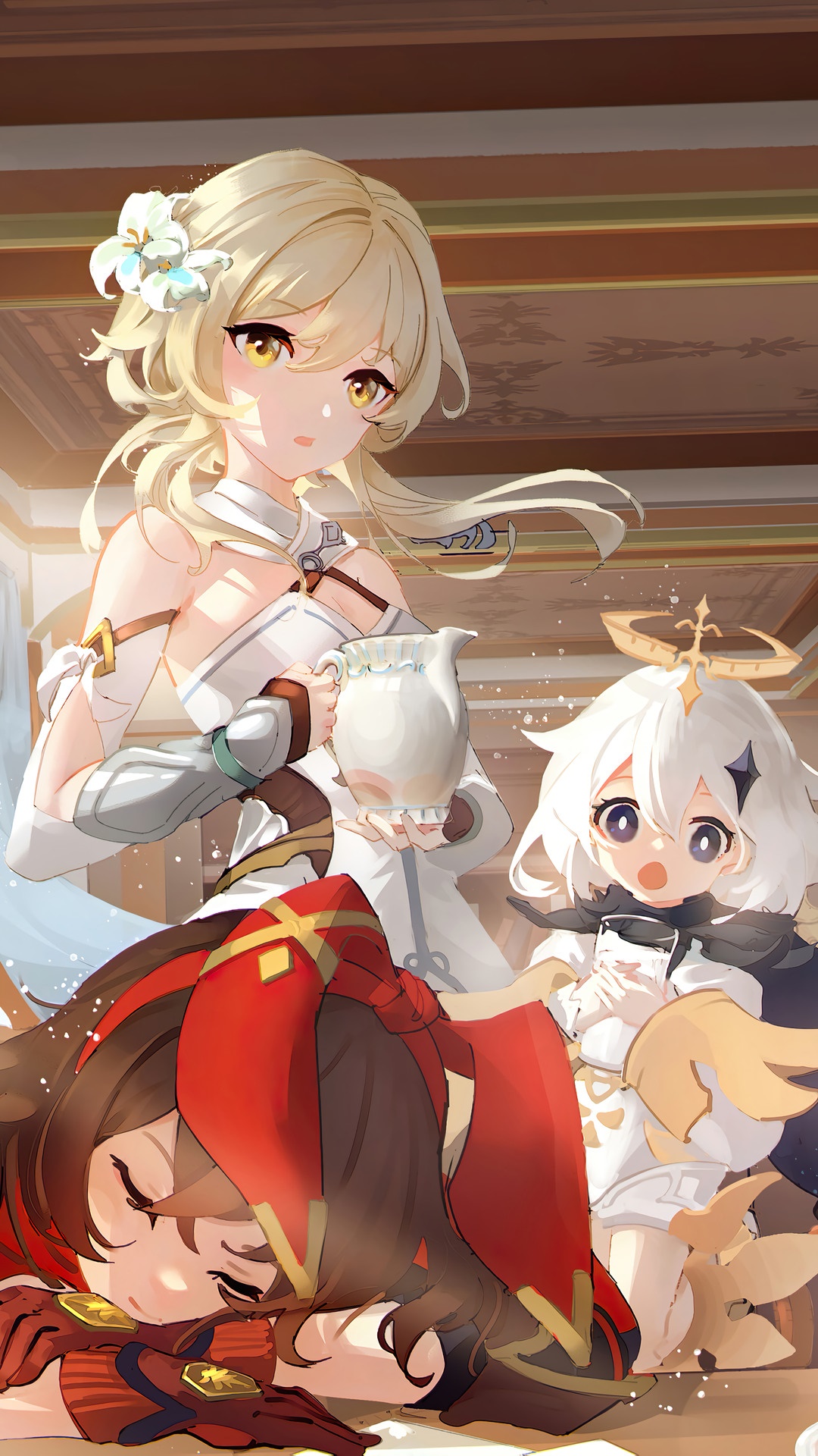 Lumine, Paimon, and Amber from Genshin Impact HD Phone Wallpaper