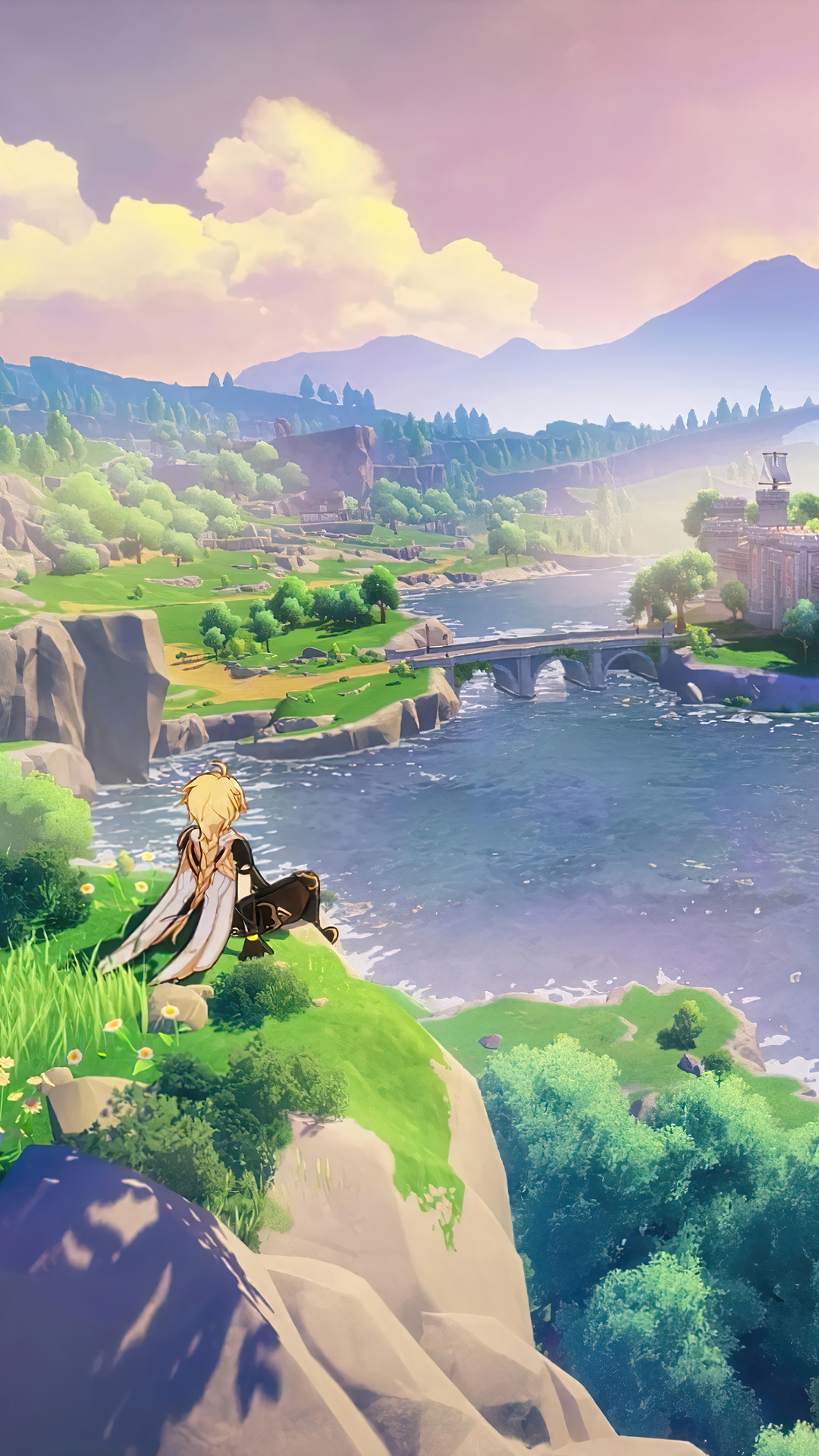 Aether from Genshin Impact sitting on a cliff overlooking a river HD Phone Wallpaper