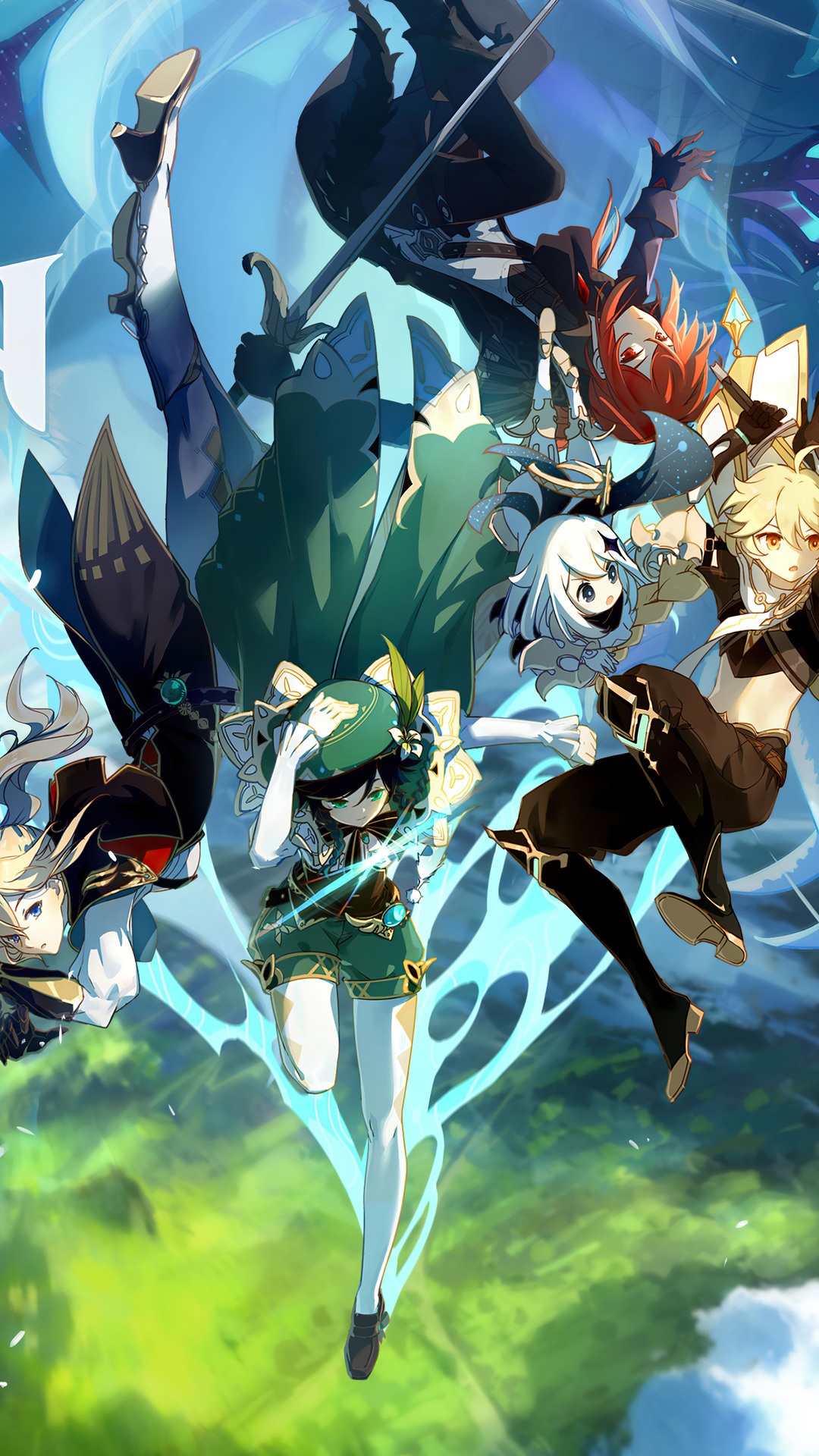 Genshin Impact characters Venti, Jean, Aether, and Diluc HD Phone Wallpaper