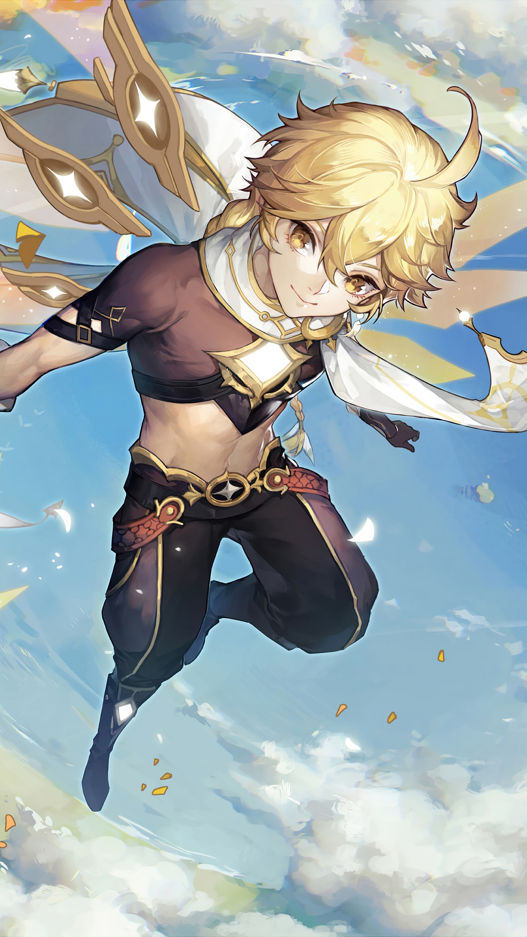 Aether from Genshin Impact flying in the sky HD Phone Wallpaper