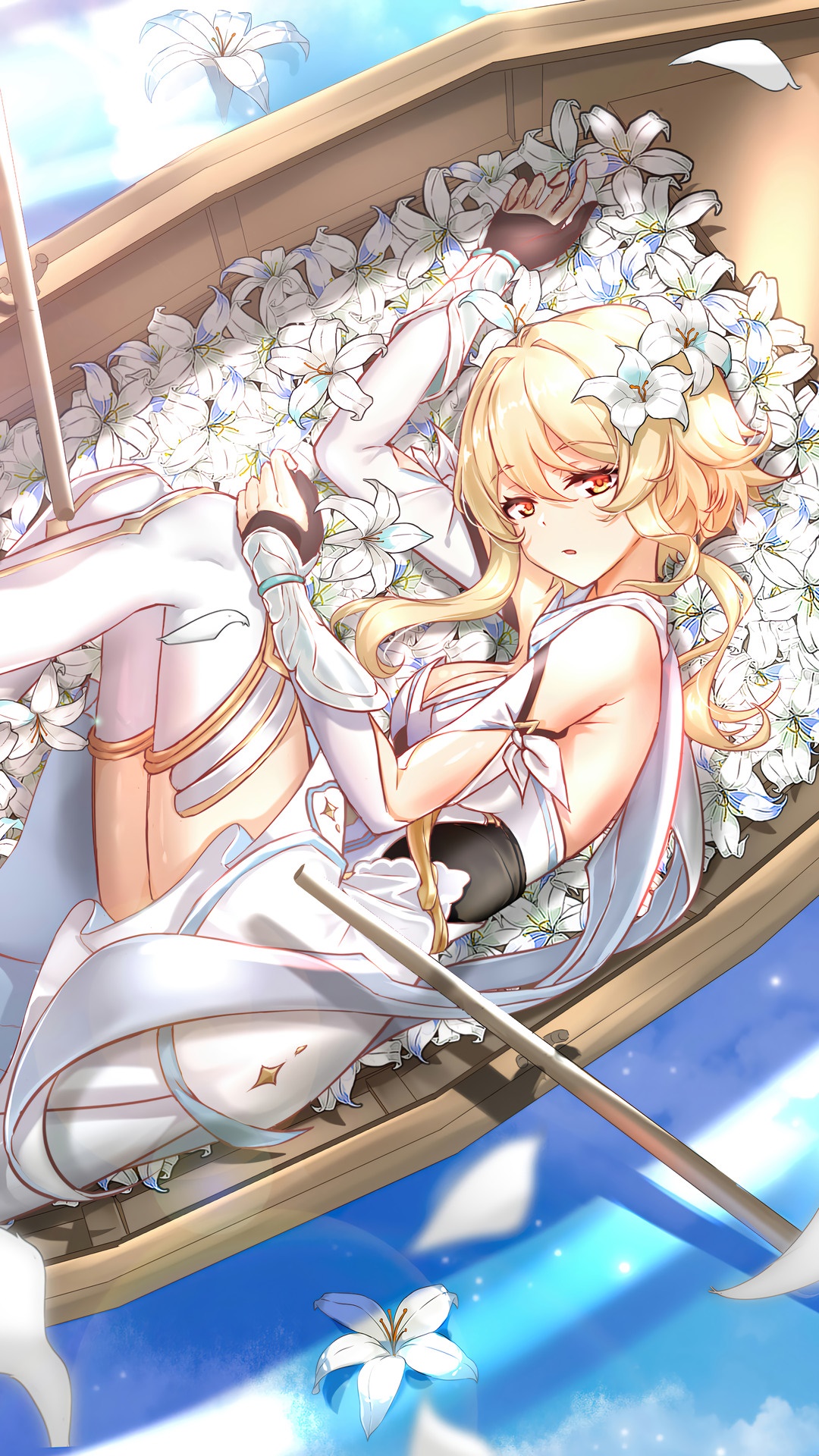 Lumine from Genshin Impact in a boat full of lilies HD Phone Wallpaper