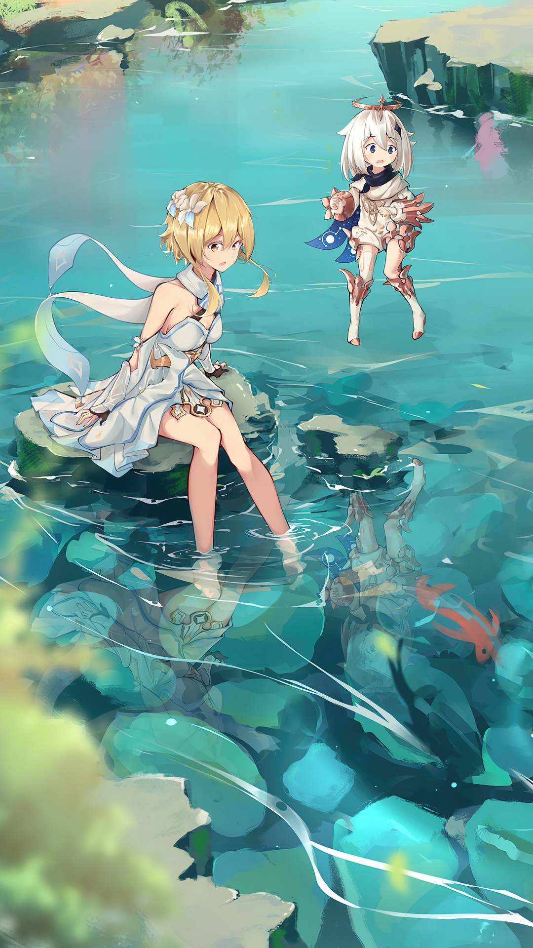 Lumine and Paimon from Genshin Impact by a lake HD Phone Wallpaper