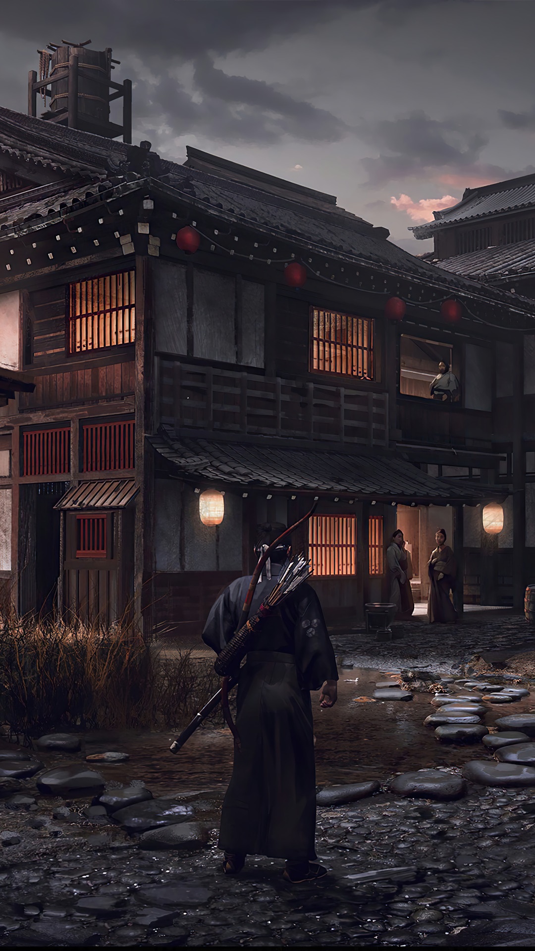 Samurai with bow and arrow in Japanese village HD Phone Wallpaper