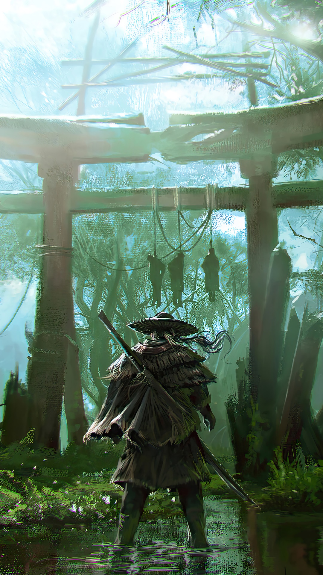 Samurai warrior standing in a swampy forest HD Phone Wallpaper