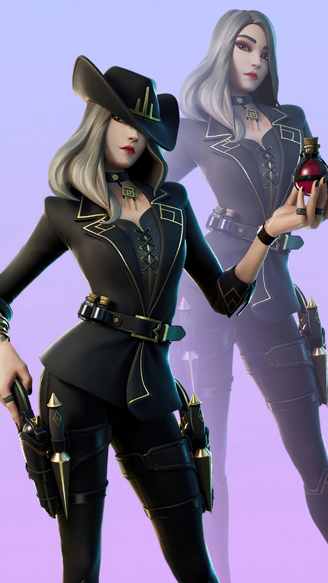 Fortnite character in black suit with guns HD Phone Wallpaper
