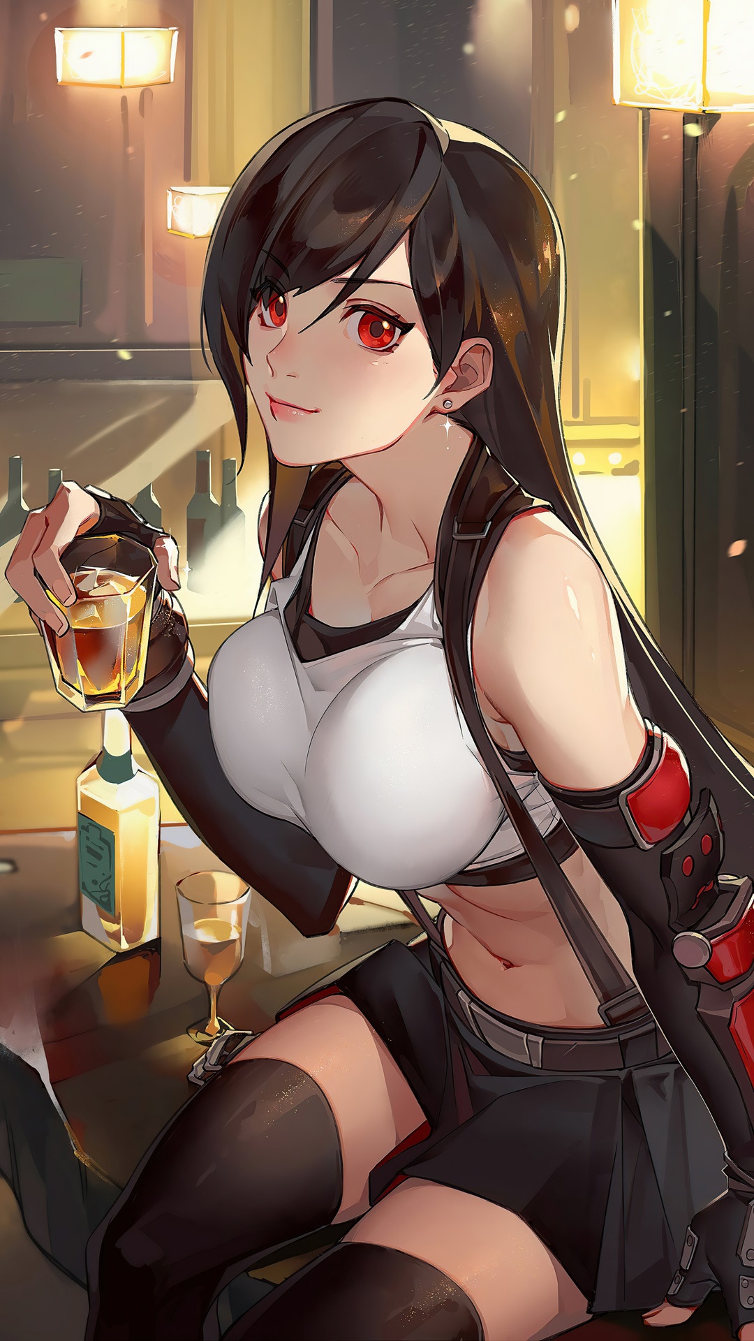 Tifa Lockhart from Final Fantasy VII Remake holding a drink HD Phone Wallpaper