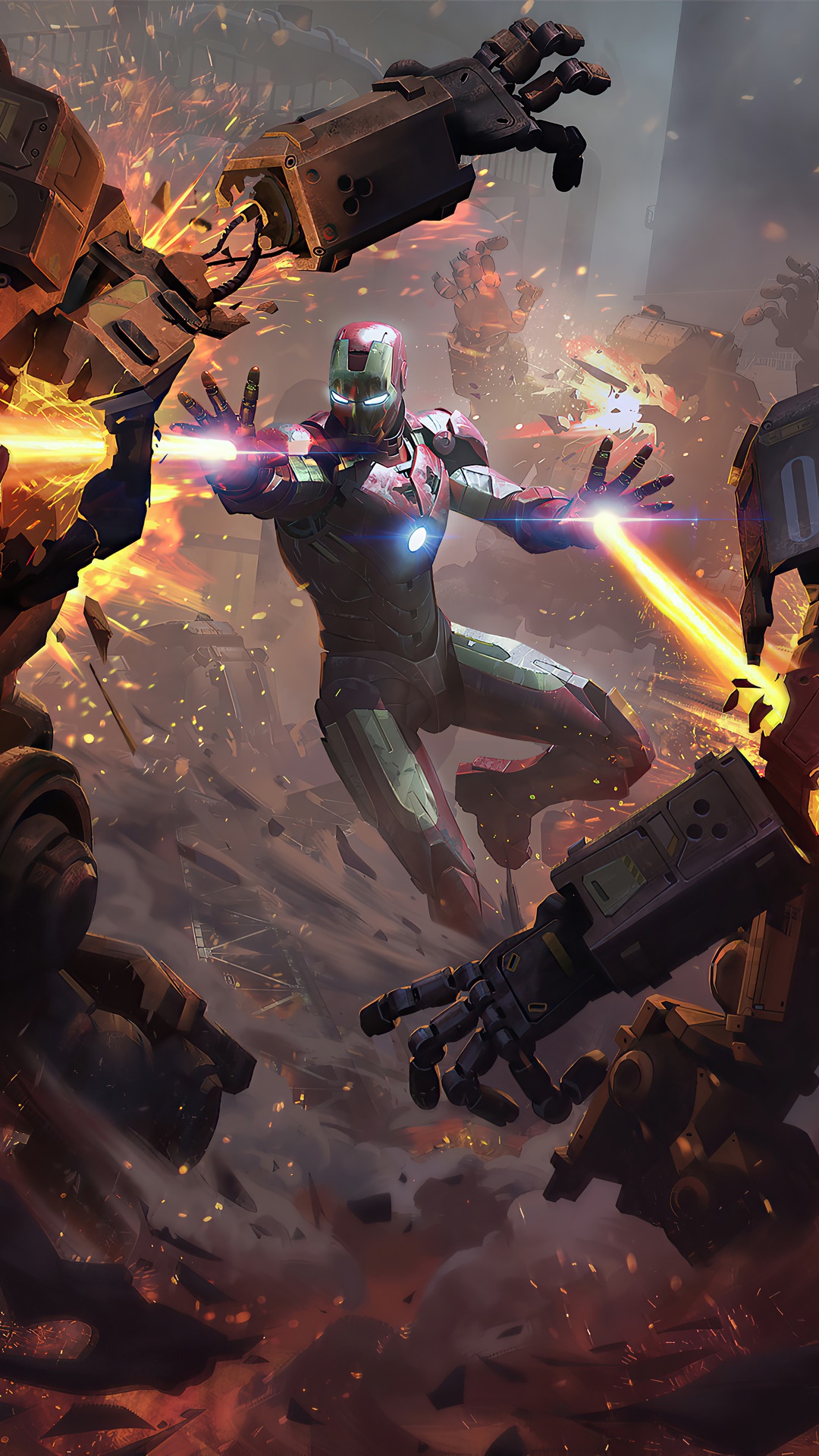Iron Man fighting robots in a battle HD Phone Wallpaper